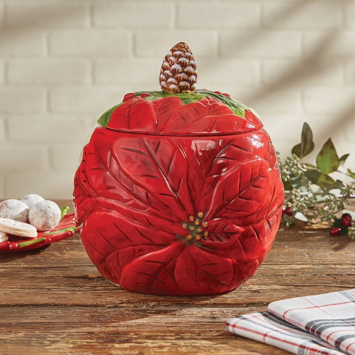 Park Designs Poinsettia Pine Cookie Jar - 9.25H X 8.5DIA