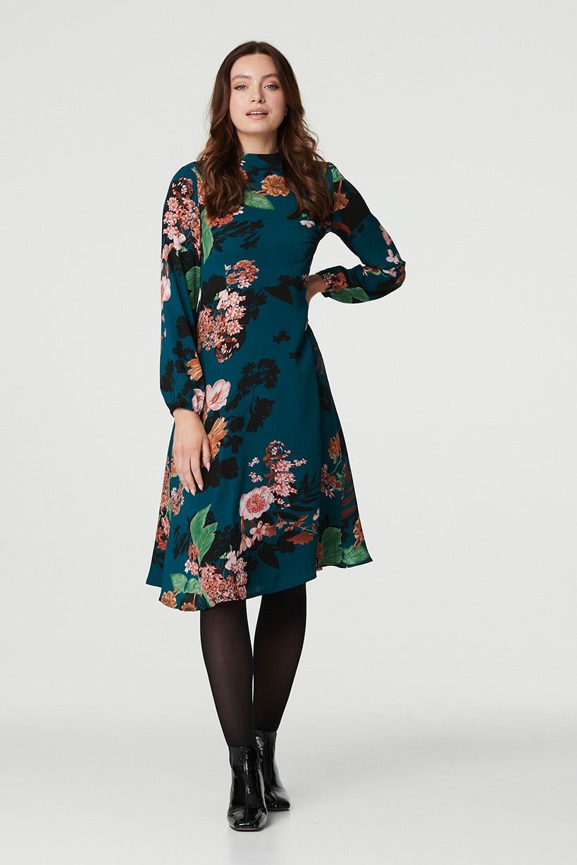 Izabel London Floral Long Sleeve High Neck Midi Dress