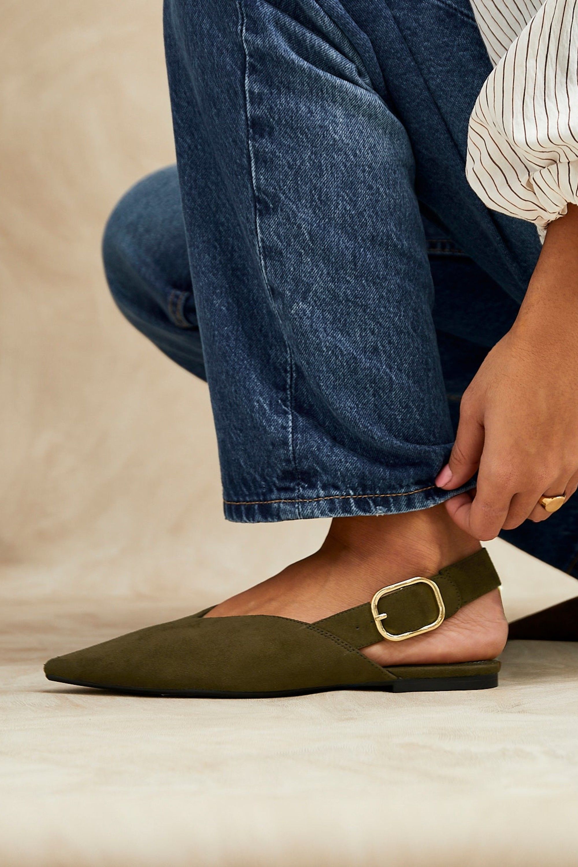 Linzi Lorna Khaki Faux Suede Ballet Flats