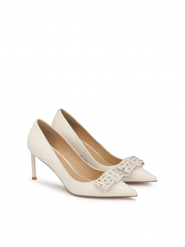 Cream rhinestone bow pumps