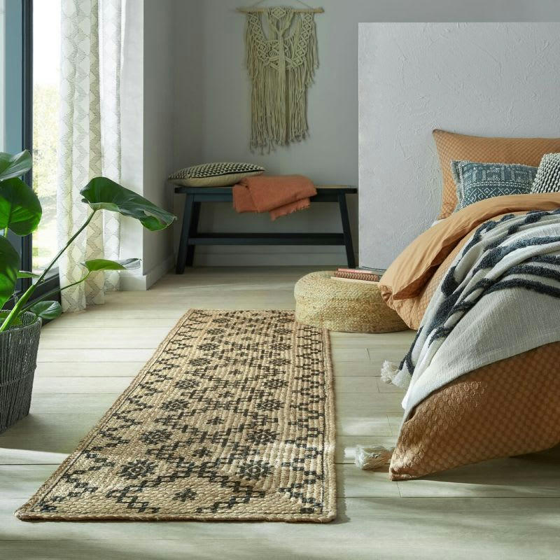 ROWEN - Tapis en jute naturel motifs losanges noirs 60 x 230