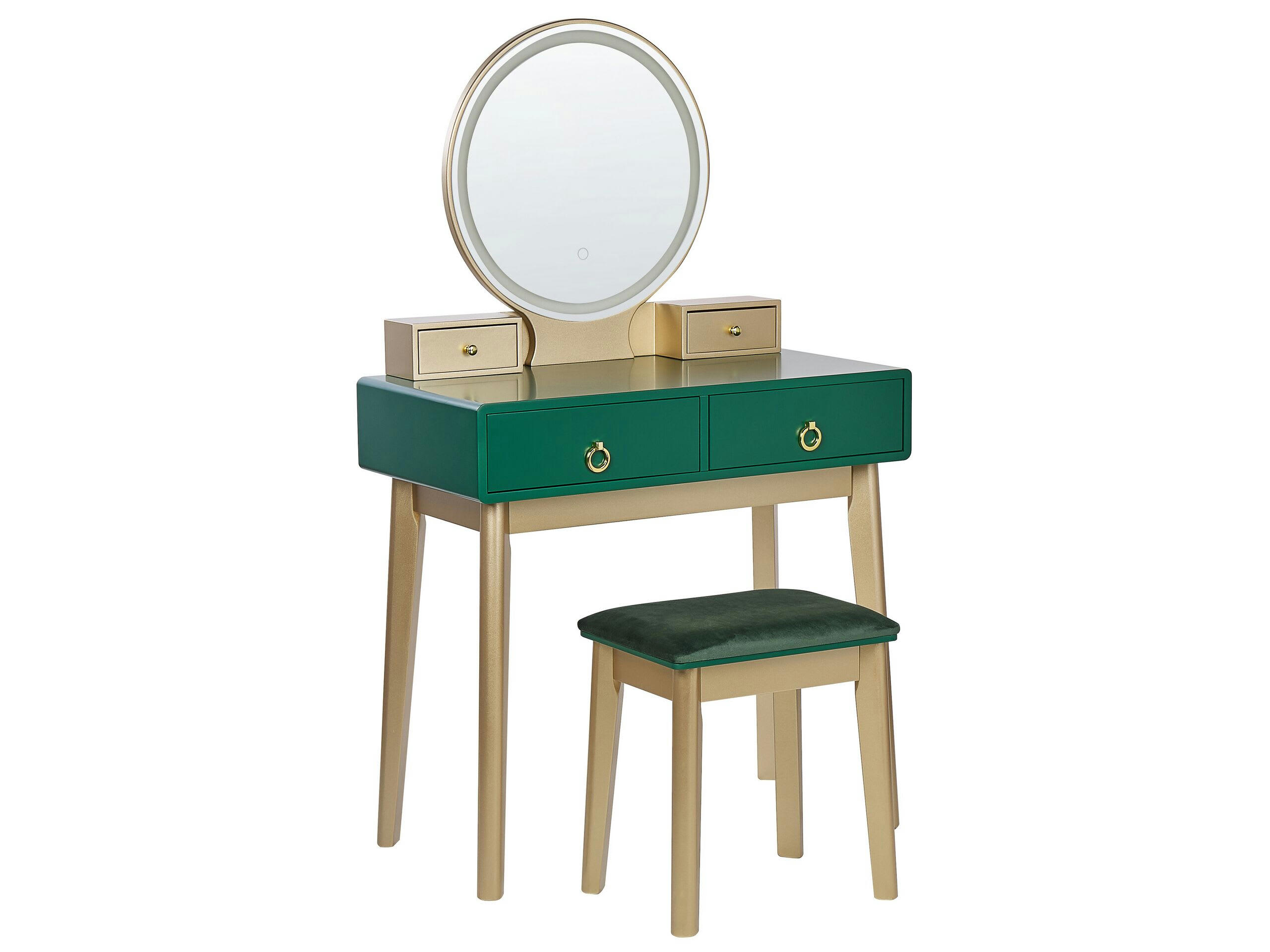 FEDRY - Coiffeuse avec miroir à LED et tabouret vert et doré