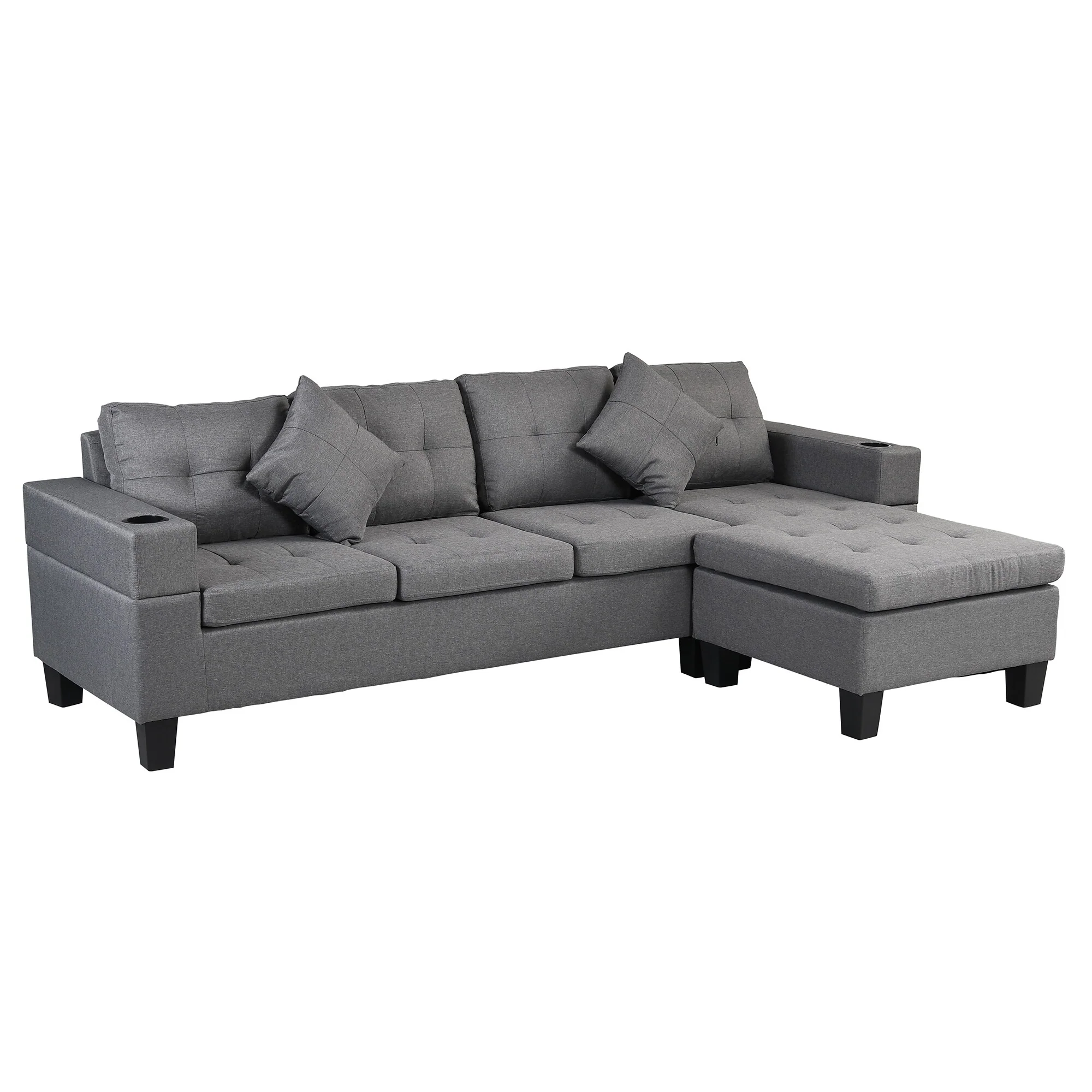 Modern Sectional Sofa Set with Reversible Chaise and Built in Cup Holders for Small Living Rooms or Apartments