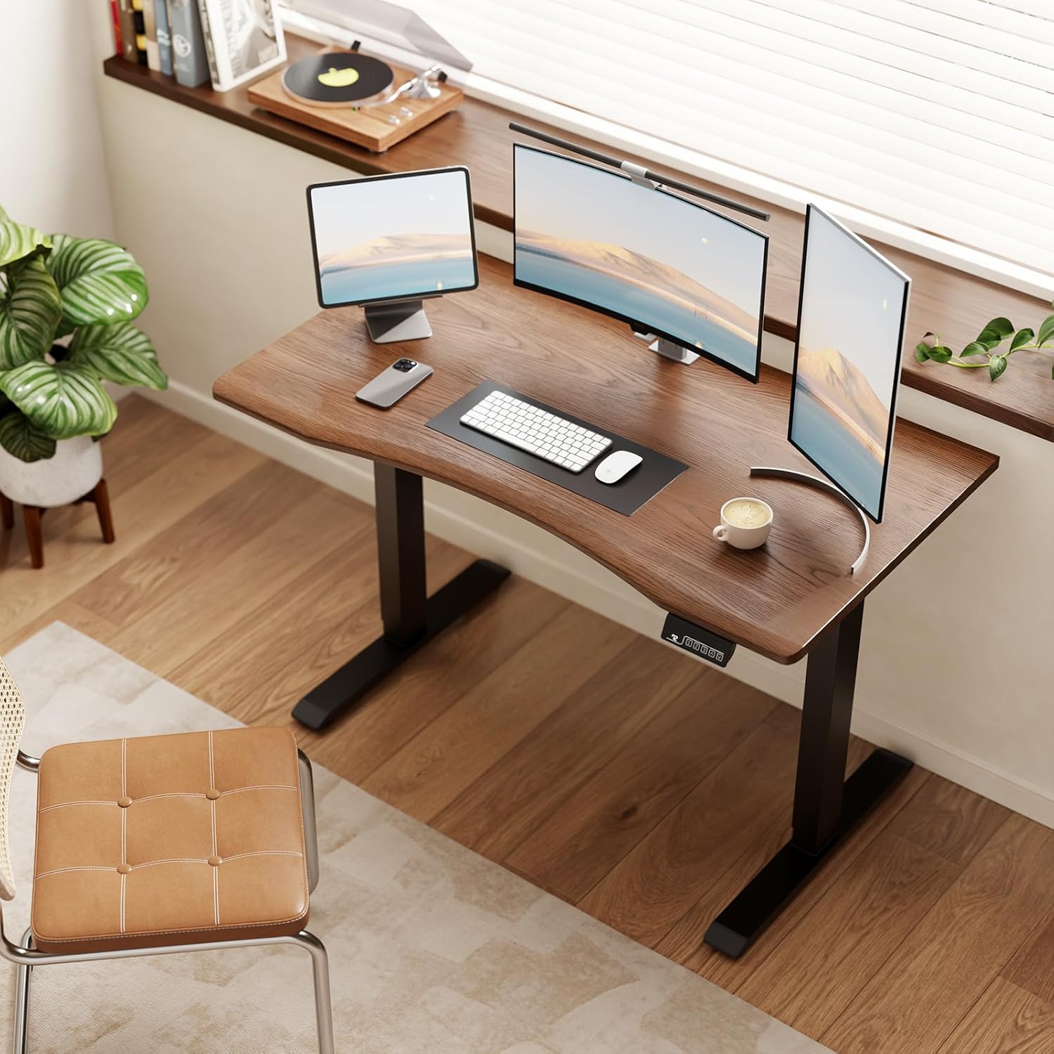 Solid Wood Electric Standing Desk 47x23.6Home Office Desk,Adjustable Workbench with 3 Stages Dual Motor, Computer Workstation with T-Shaped Metal Bracket,Walnut Standing Table for Gaming Room(1 Box)