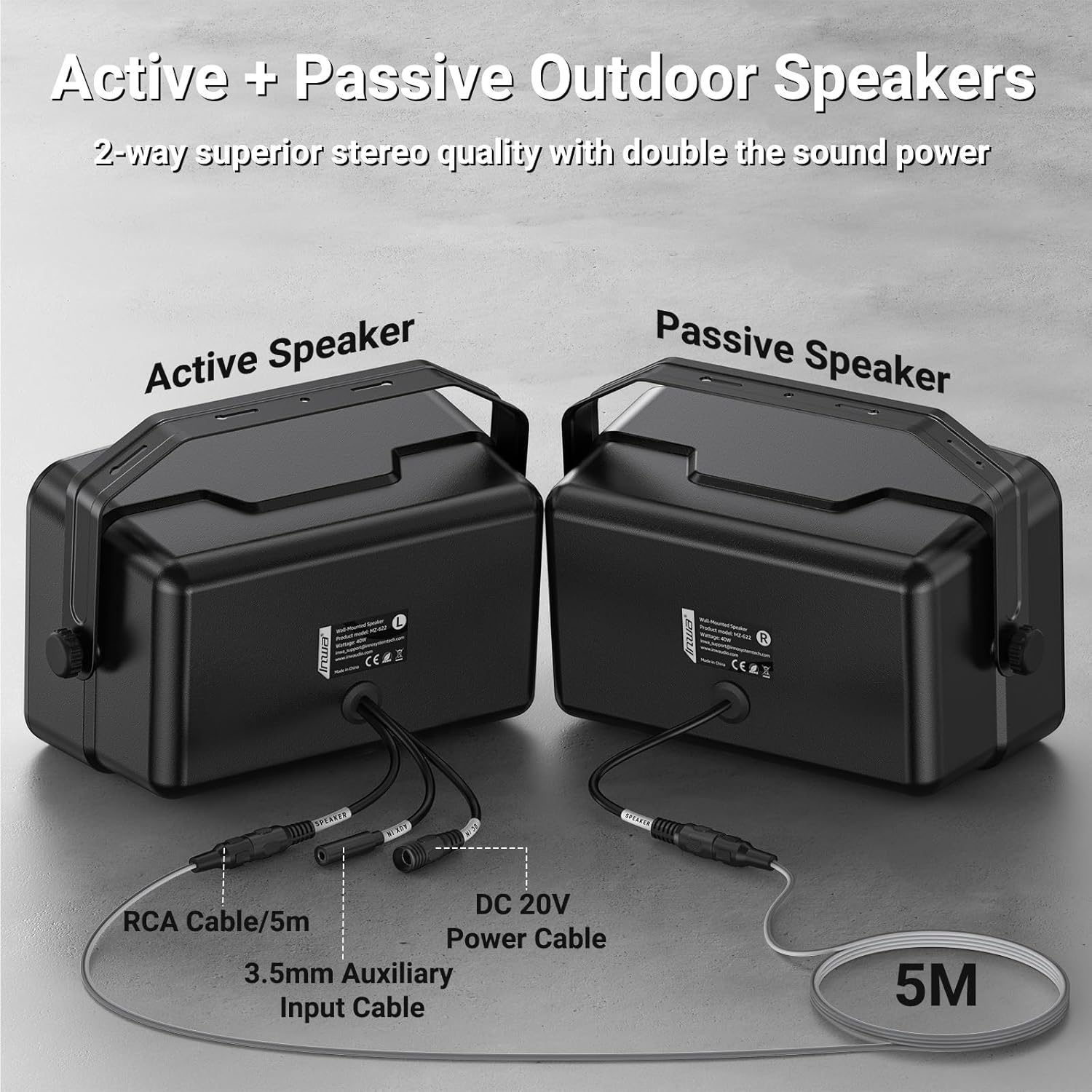 Inwa Outdoor Bluetooth Speakers, 400W Active Passive Wall Mount Speaker, Waterproof Wireless Indoor/Outdoor Stereo Sound Set W/Aux in, Sound System for Patio/Porch/Gazebo/Garage(Pair, Ivory Black)