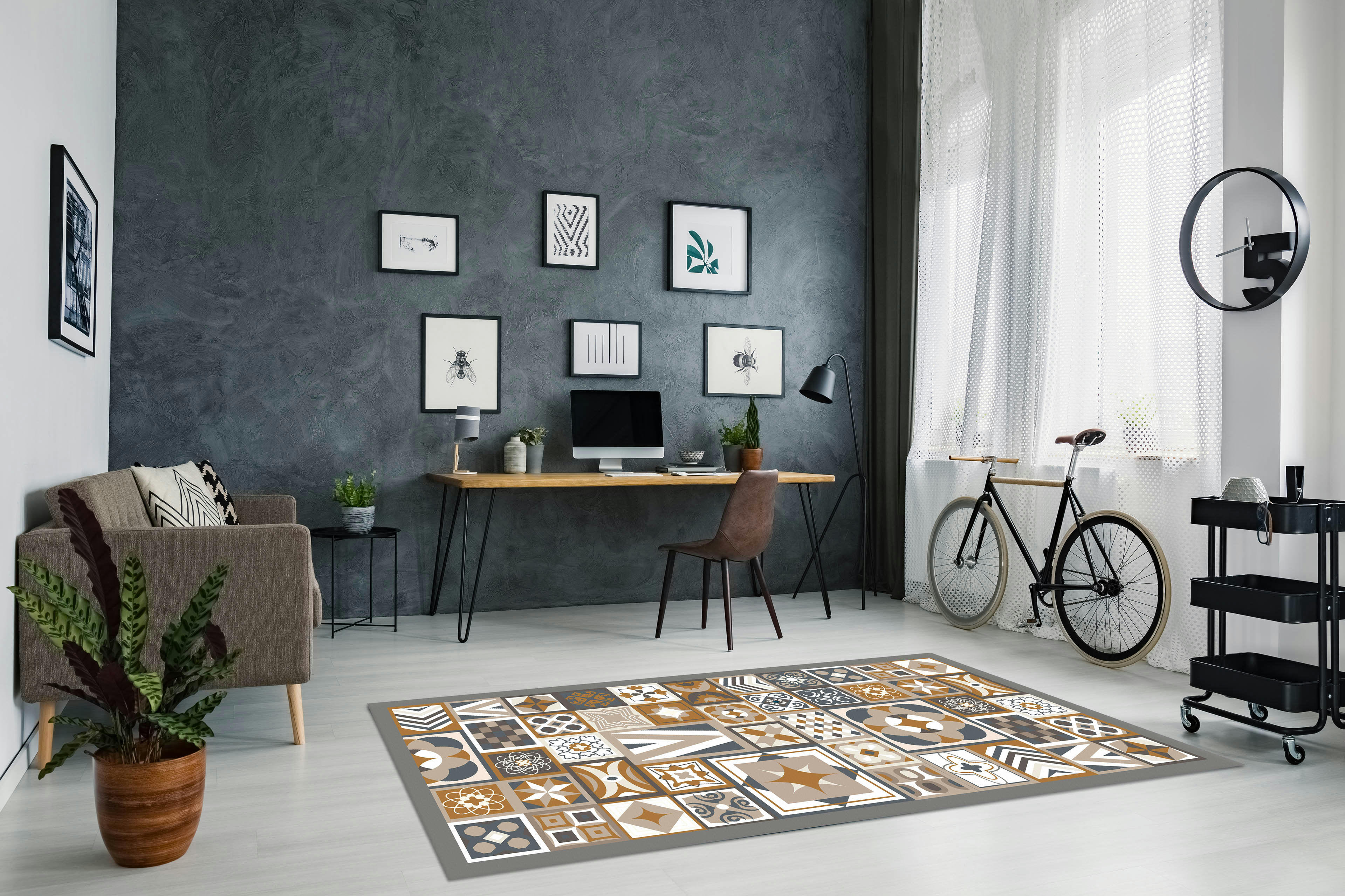 - Tapis vinyle style carreaux ciments orange 140x200cm