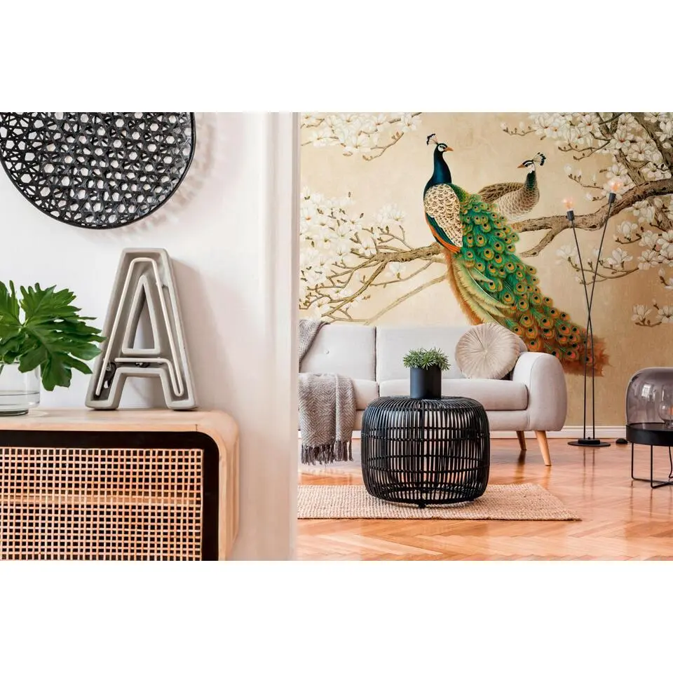 One Wall one Role fotobehang vogel beige, wit, oranje, groen en bruin