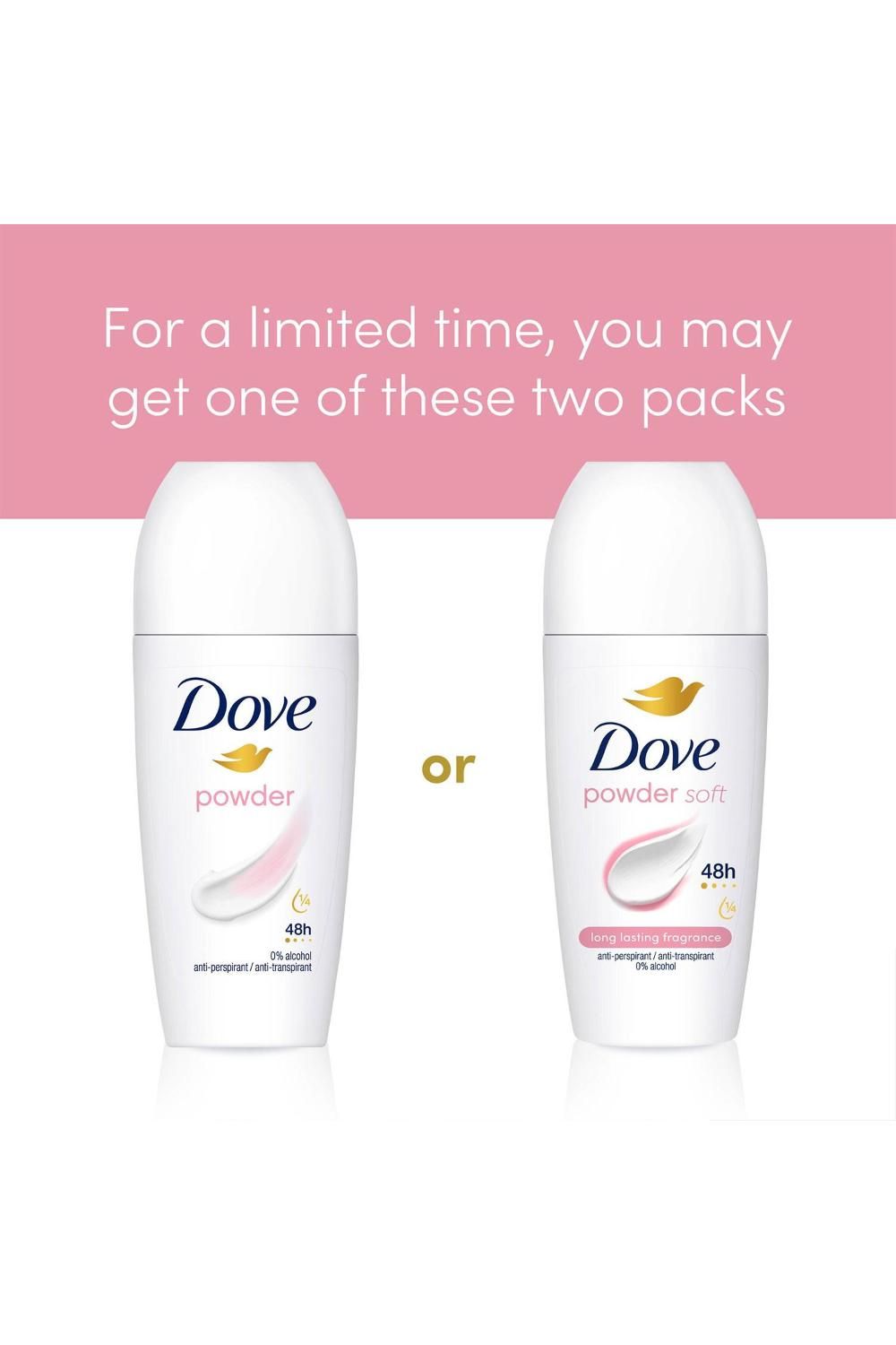 Dove Powder Soft Roll On Anti-Perspirant with 48H Long Lasting Fragrance 50ml,3pk
