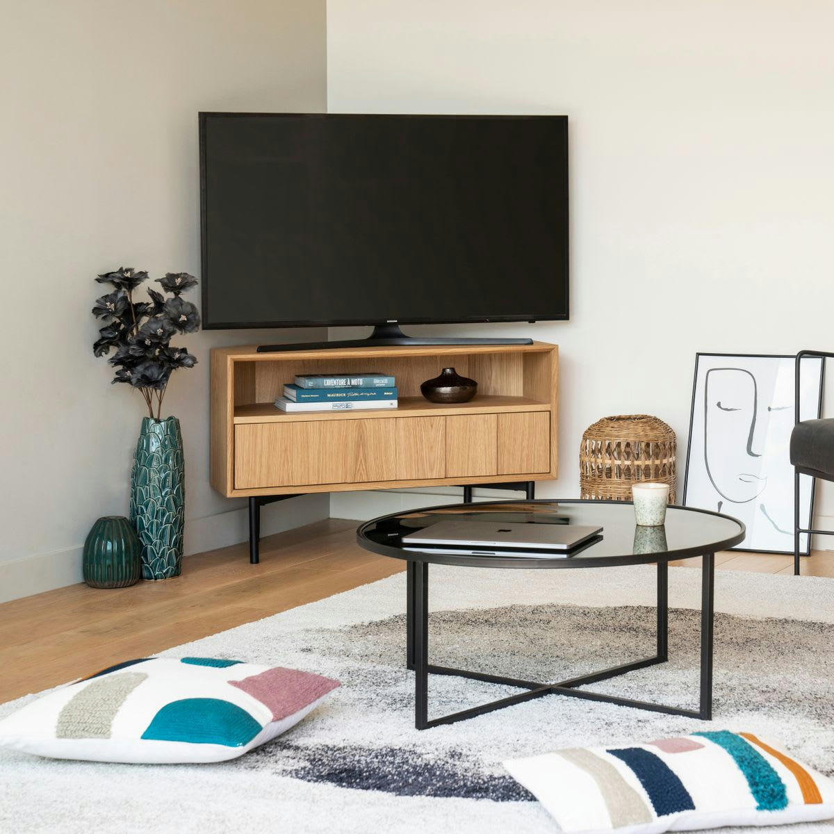 HYMA - Meuble TV d'angle 100cm chêne naturel