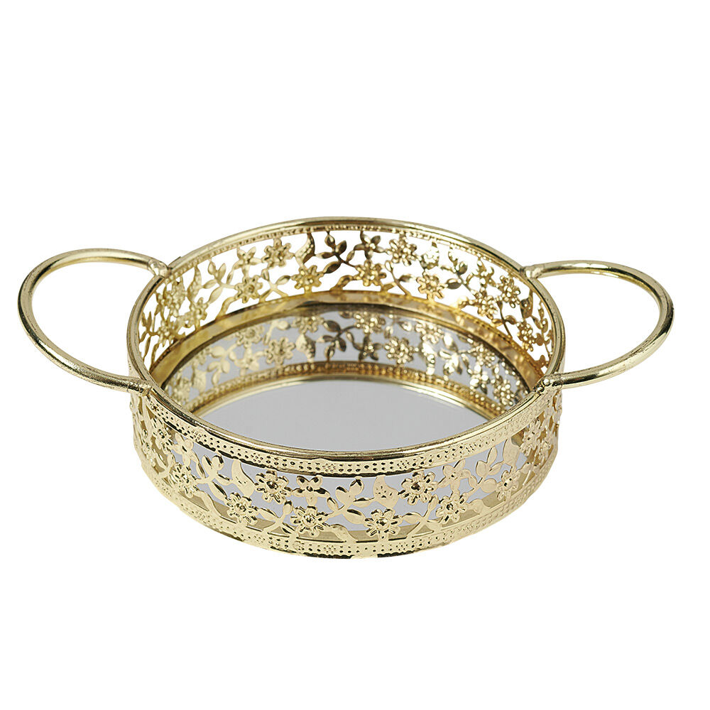 Plateau déco dorée fond en verre avec poignées