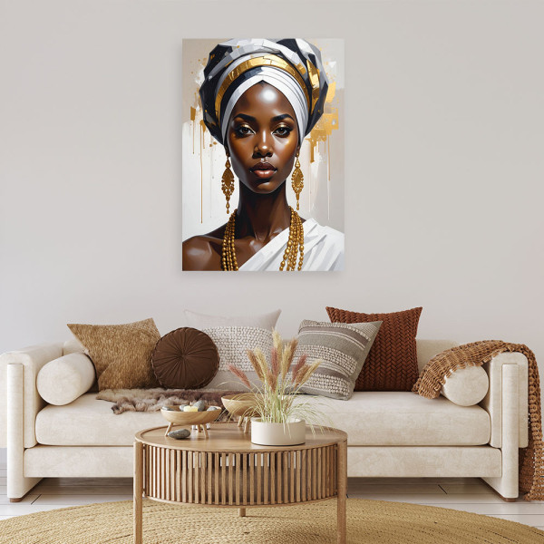 Obraz do salonu sypialni, Portret kobiety w biało złotym turbanie 20x30