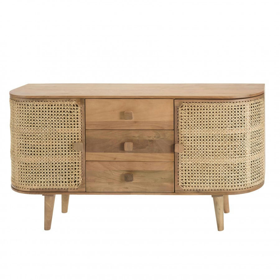 ISA - Buffet marron 2 portes 3 tiroirs bois de jamelonier et cannage