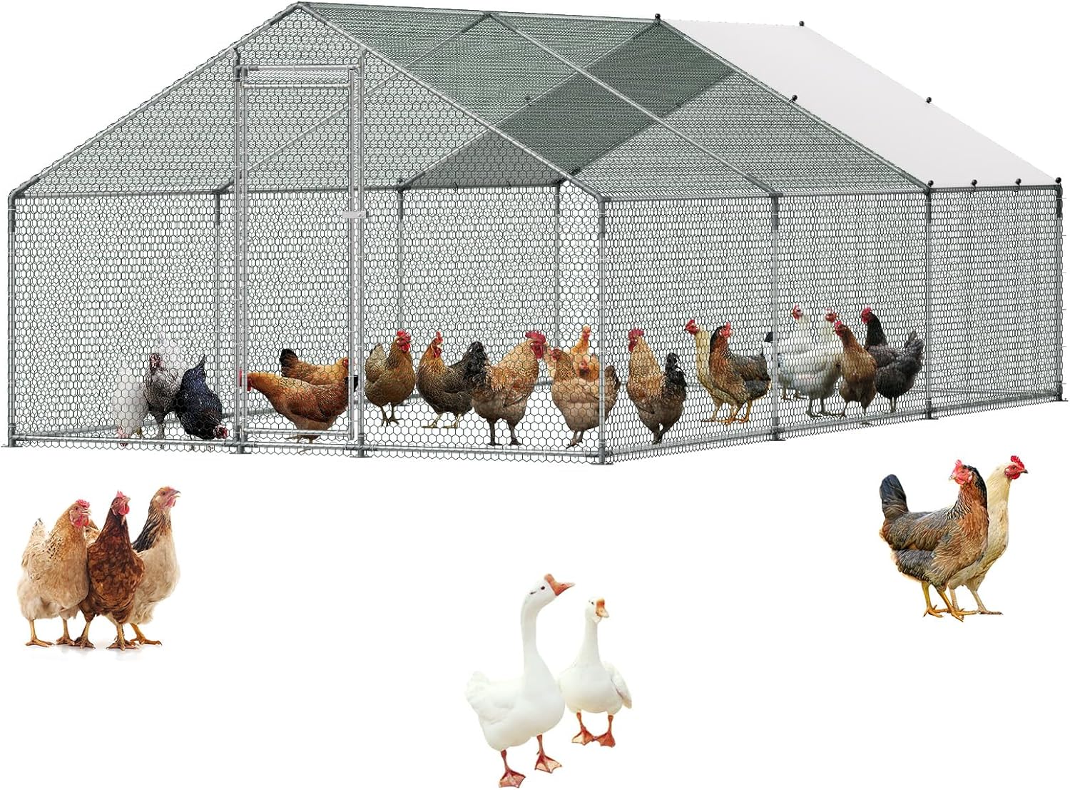 VEVOR Large Metal Chicken Coop  19.7x9.8x6.5ft Walk-in Chicken Runs for Yard with Cover  Spire Roof Hen House with Security Lock for Outdoor and Backyard  Farm  Duck Rabbit Cage Poultry Pen
