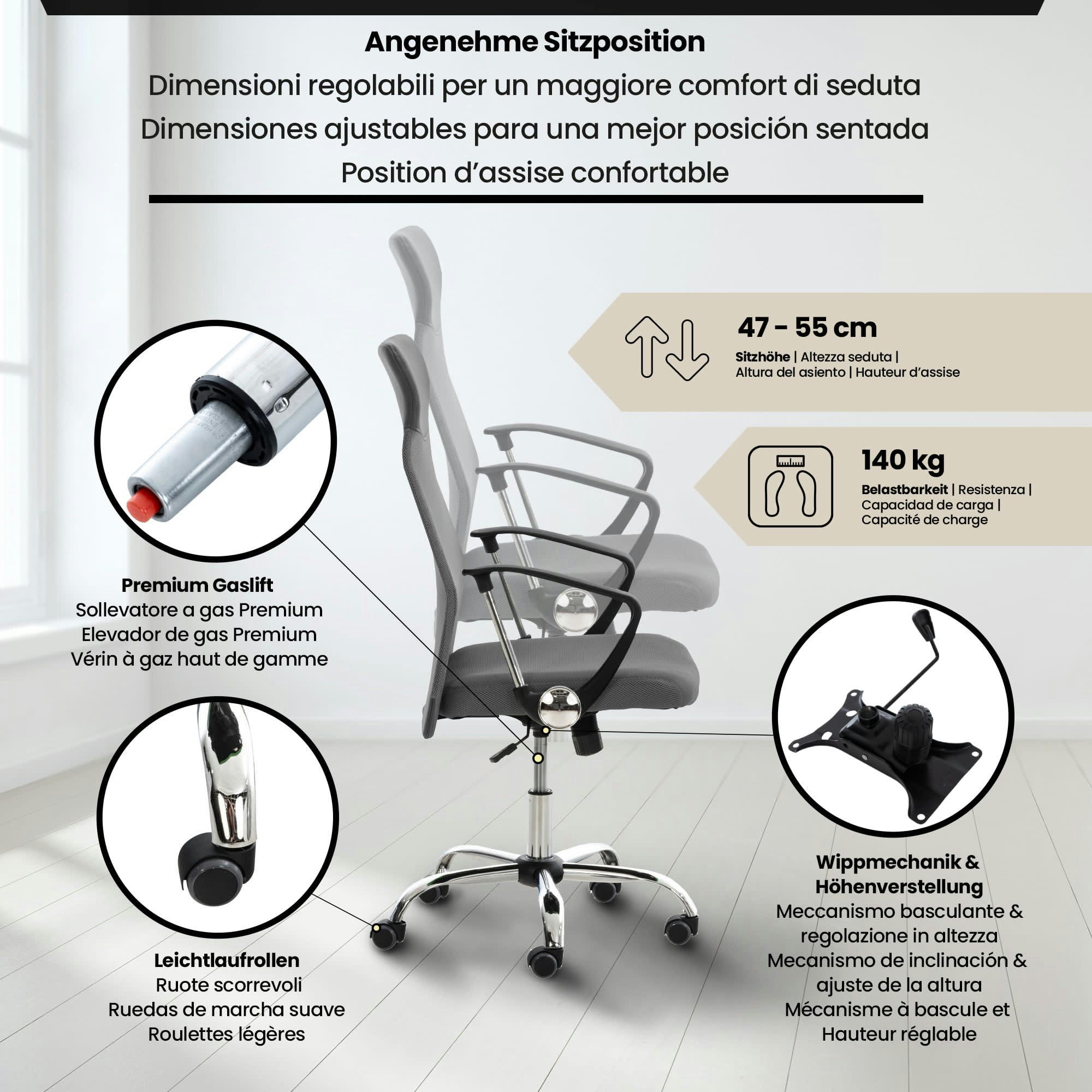 WASHINGTON - Chaise de bureau réglable pivotant en similicuir Gris
