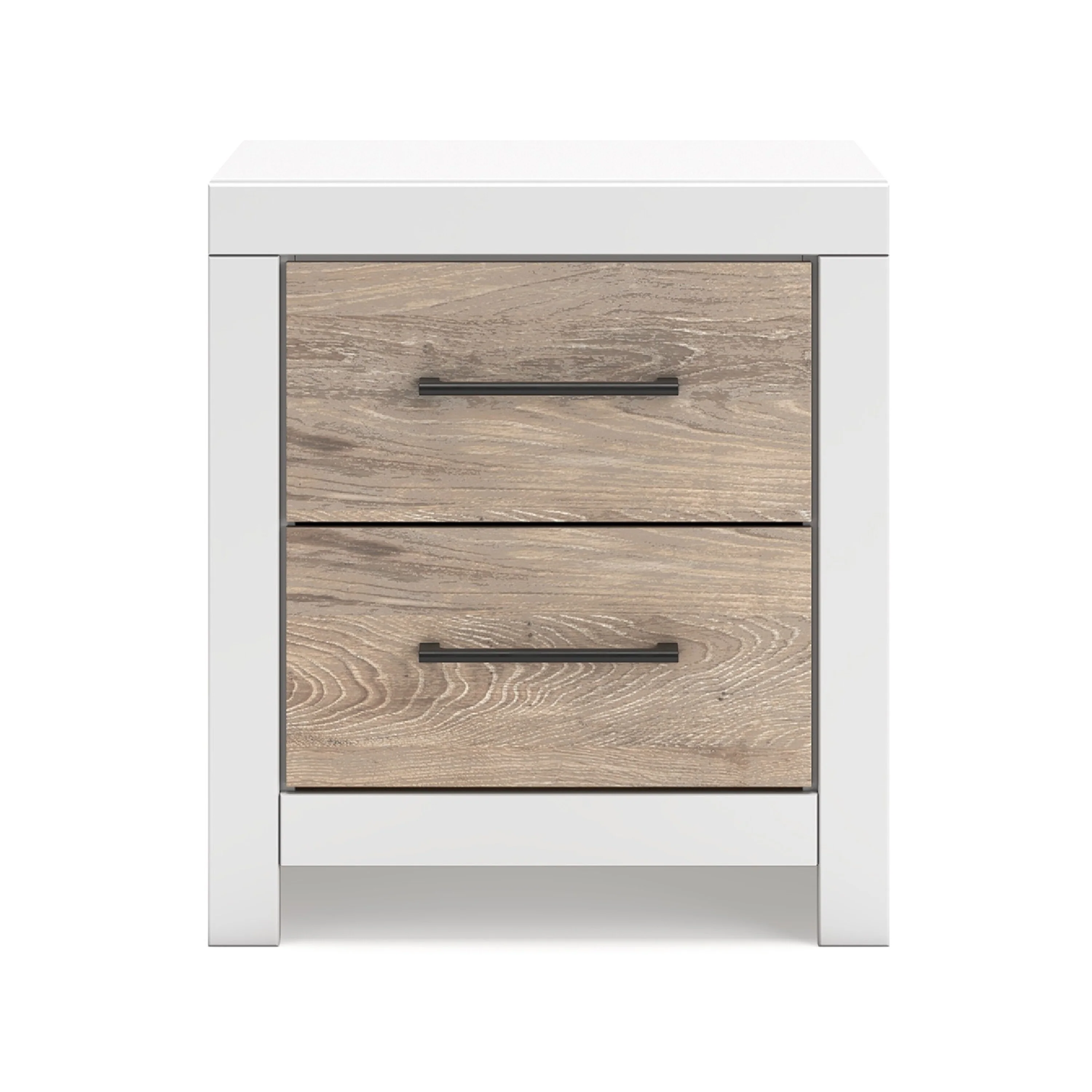 Bittz Nightstand, 2 Drawers w USB, Laminate White and Light Brown