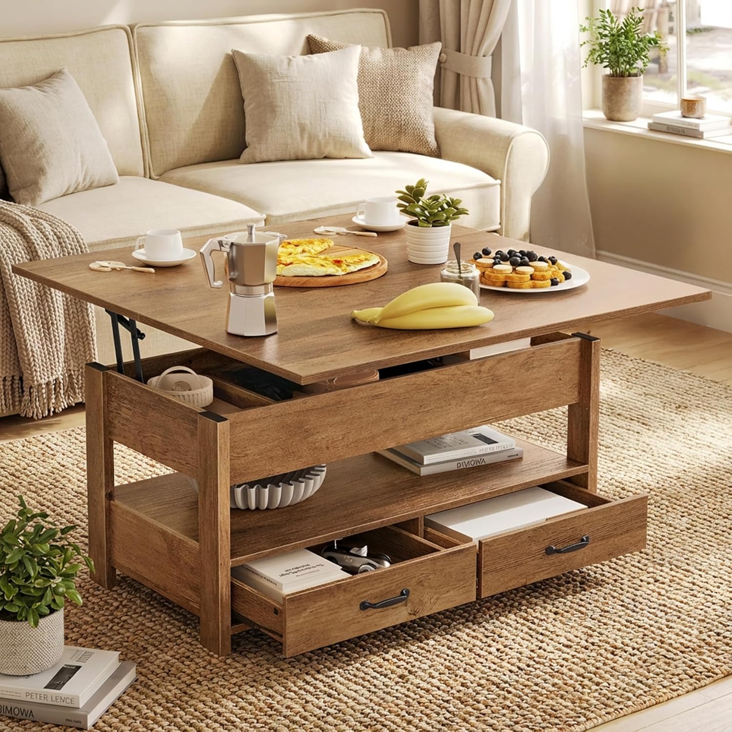 VASAGLE Coffee Table Lift Top, 3 in 1 Center Table with Storage, Gas Spring, 2 Drawers and 3 Hidden Compartments, Open Shelf, for Living Room, Home Office, Honey Brown ULCT254K01