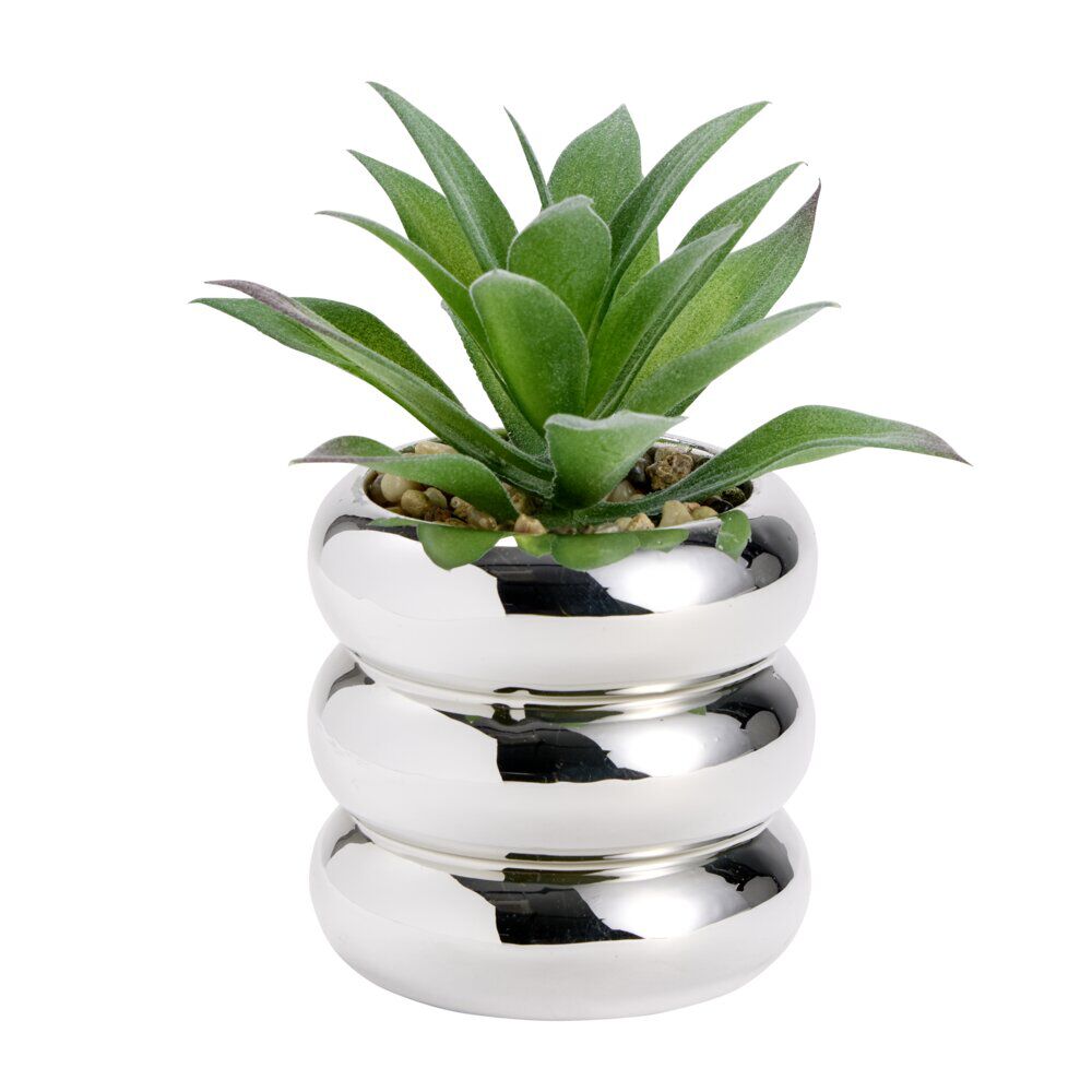 Plante grasse artificielle dans pot dolomite gris chromé Ø8xH13,5cm (3 modèles)