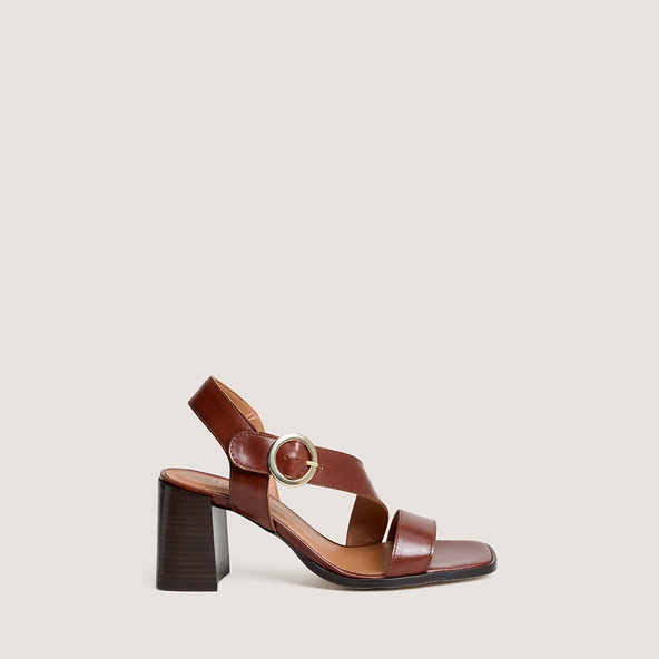 Sandales à hauts talons lamellés et larges lanièresen cuir marron | VANELIE