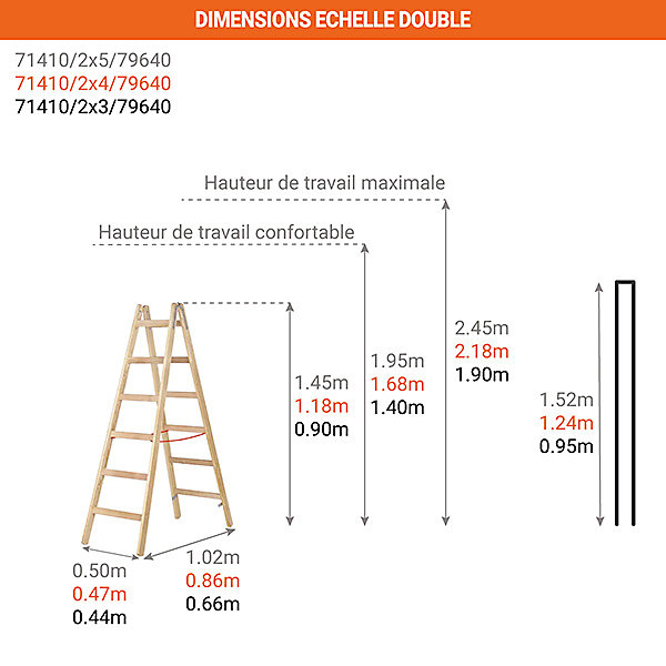 Escabeau bois double 2x5 échelons - Hauteur max. de travail 2.45m - 71410/2X5/79640