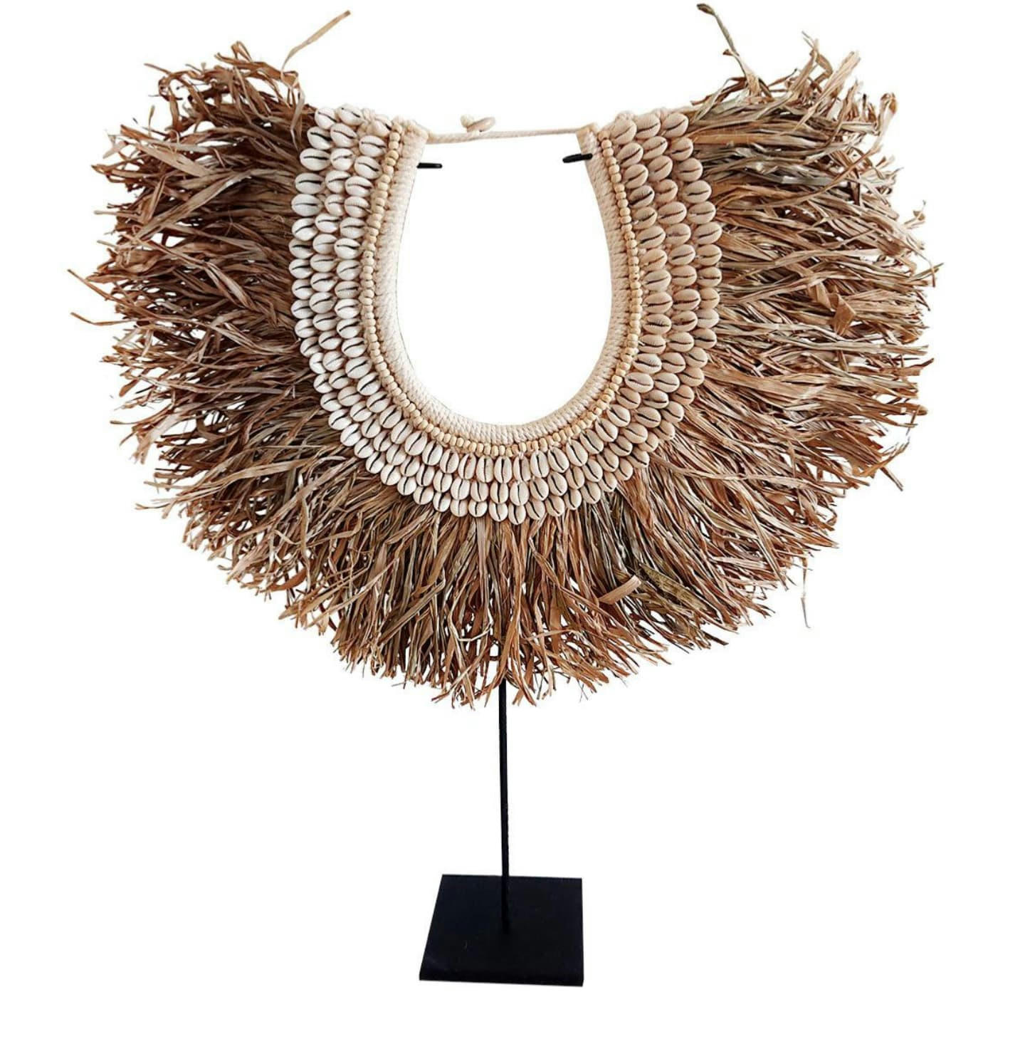 BALIRA - Collier décoratif en raphia et coquillages, beige naturel 50x60 cm