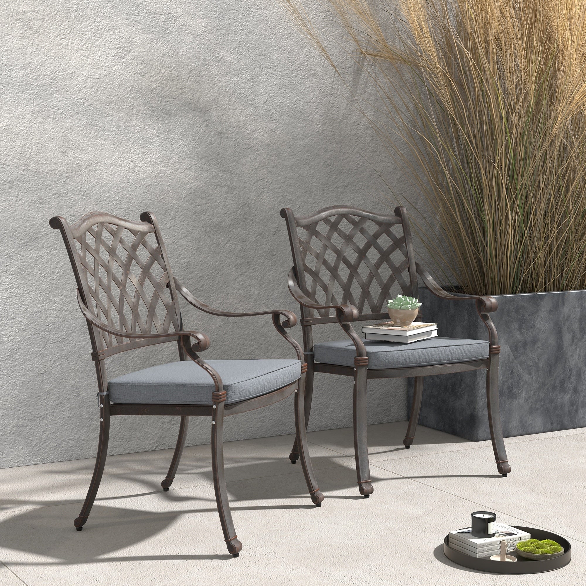 Patio Cast Aluminum Dining Chairs with Cushions Set of 2
