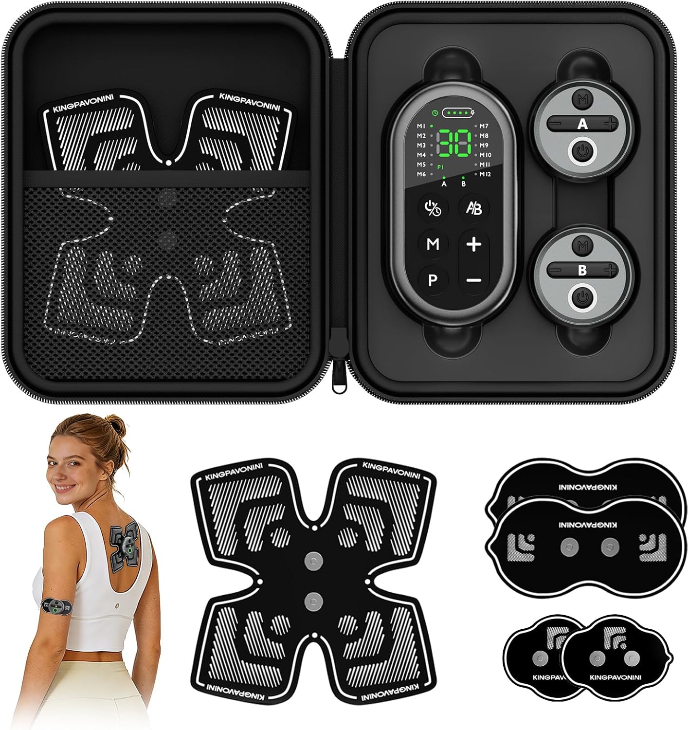 KingPavonini Wireless TENS Unit Muscle Stimulator - All-in-One Storage & Charging, 48 Modes 30 Intensities Dual Channel TENS Machine for Pain Relief, XL Pad for Back Shoulder Sciatica, Model HZ9151C