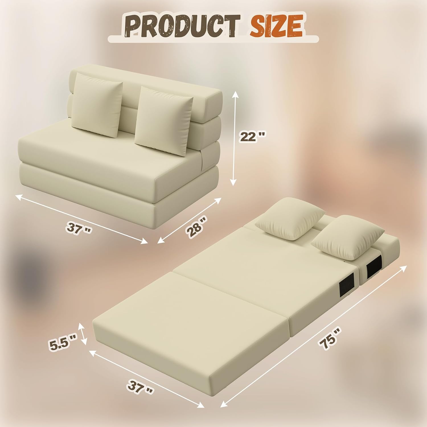 Folding Sofa Bed, Convertible Sleeper Chair & Couch Bed with Pillow, One-Piece High-Density Sponge Mattress, Multi-Purpose Floor Sofa for Living Room, Office, Dorm, Apartment, Beige, Single