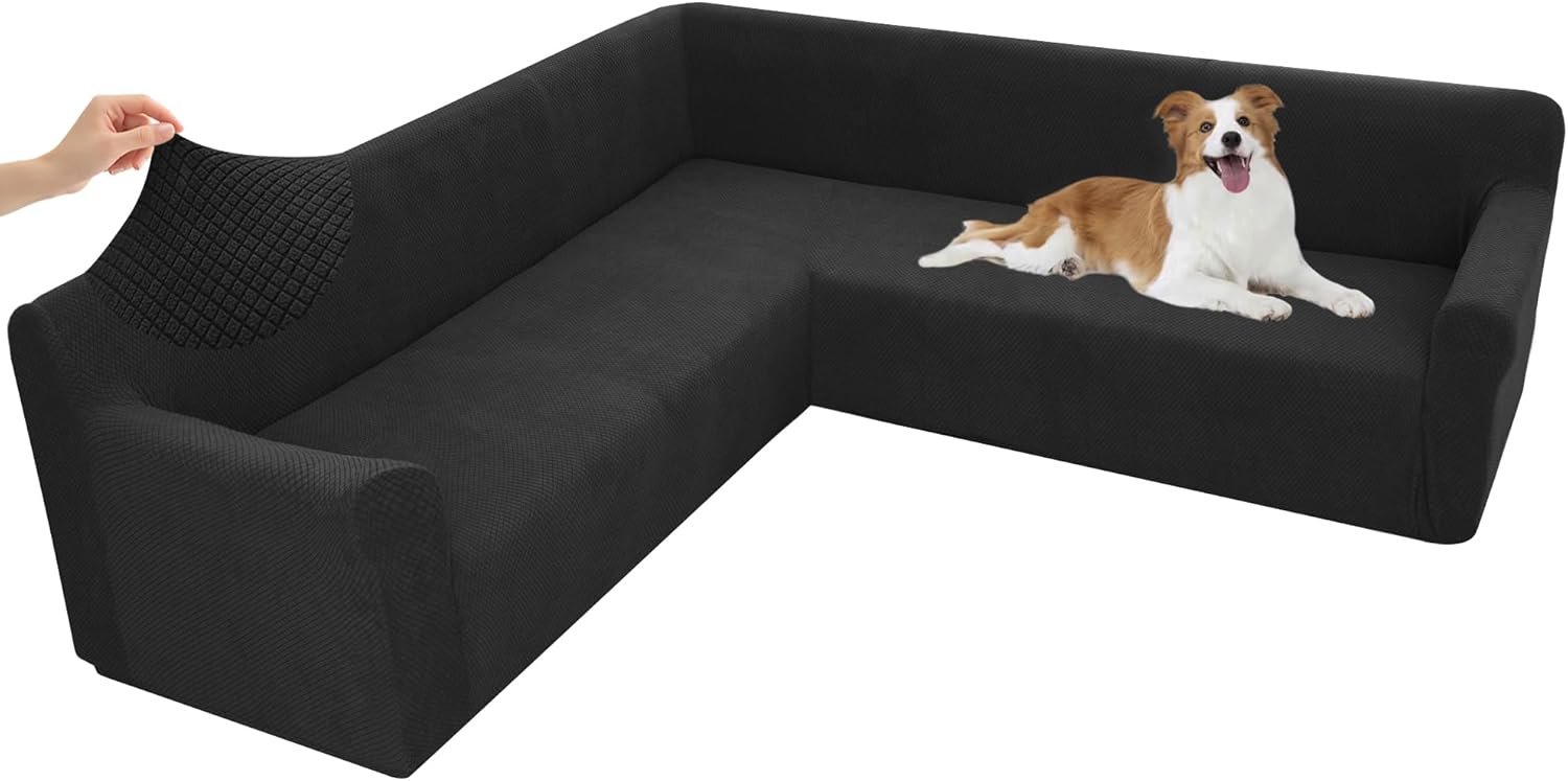 Arfntevss Stretch Sectional Couch Covers L Shaped Corner Sectional Sofa Cover Washable Jacquard Soft Fleece U Shape Sofa Slipcovers Anti Slip Furniture Protector for Dogs Pets (Large, Black)