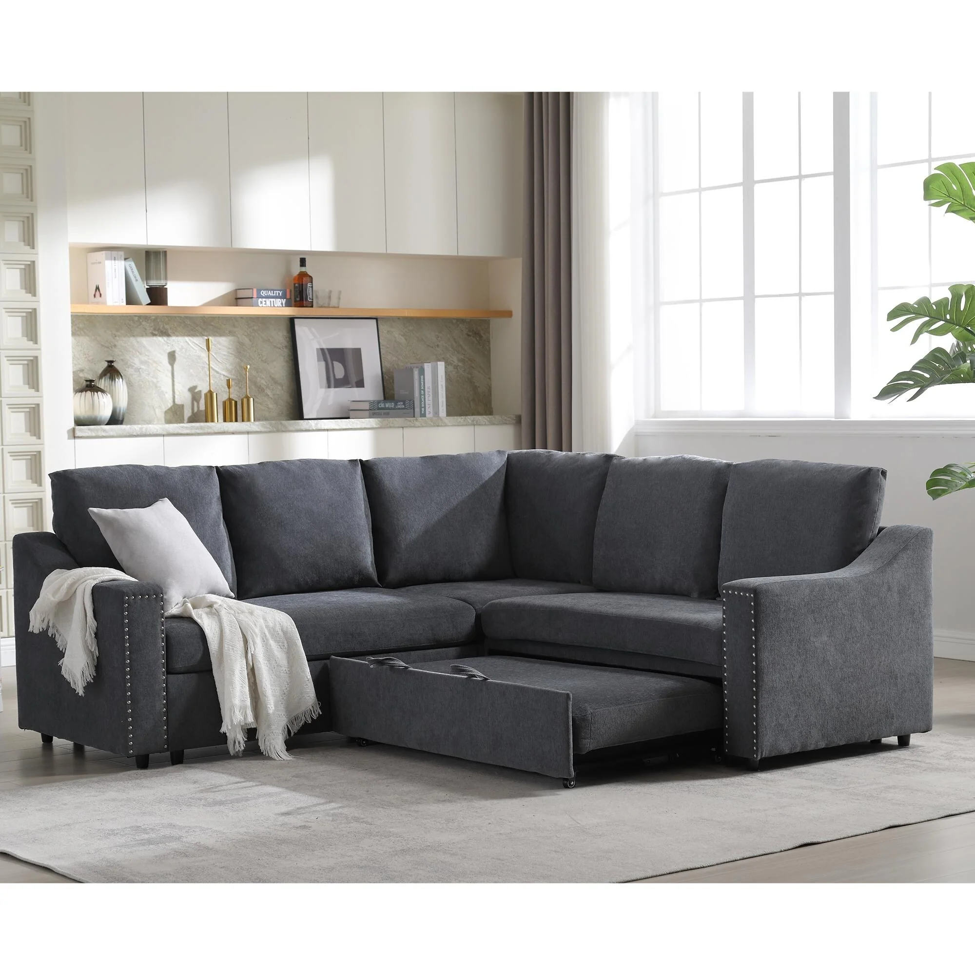 Grey 81.5'' L-Shaped 5-Seater Sectional Sofa with Pull-Out Bed and Six Pillows, Multifunctional Corner Couch for Living Areas
