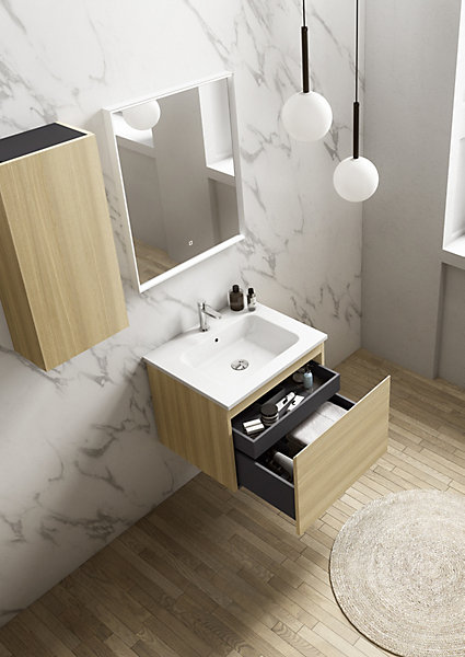 Meuble vasque suspendu effet chêne l.60 cm   plan vasque blanc céramique, Pura