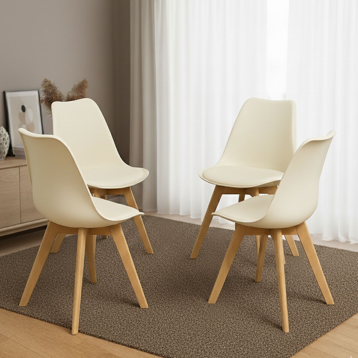 KOSY KOALA Modern Dining Set with 4 Cream Plastic Chairs with Faux Leather Seats