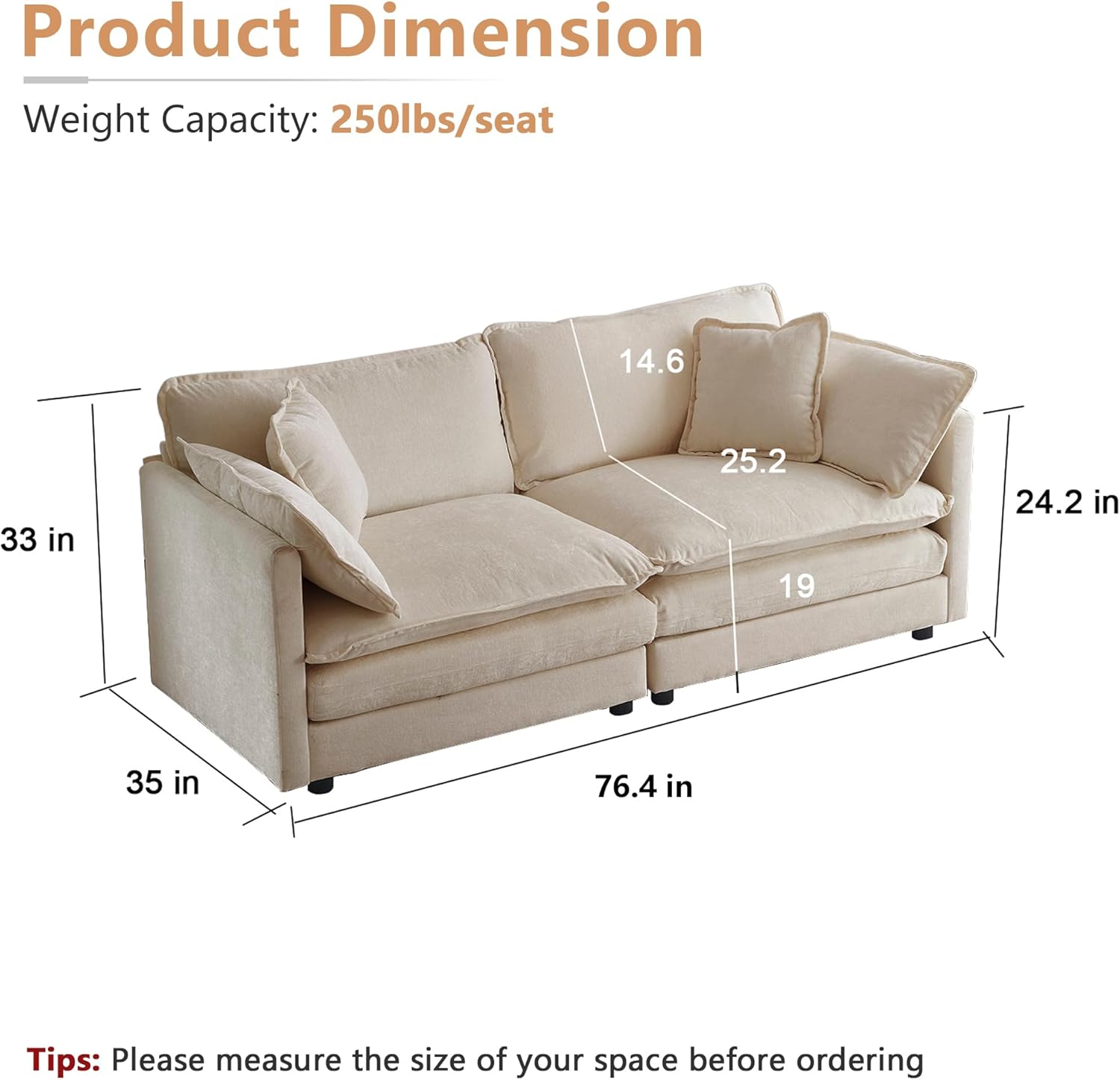 mikibama Luxury Loveseat Sofa Couch, 76 Modern Chenille Deep 2-Seater Cloud Couch with 2 Armrest Pillows and 2 Toss Pillows, Love Seat for Living Room Bedroom Office Apartment, Light Coffee