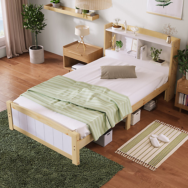 Lit simple 90 x 200 cm - Lit avec Tête de Lit Rangement - Bois Massif   MDF - avec Matelas - Blanc