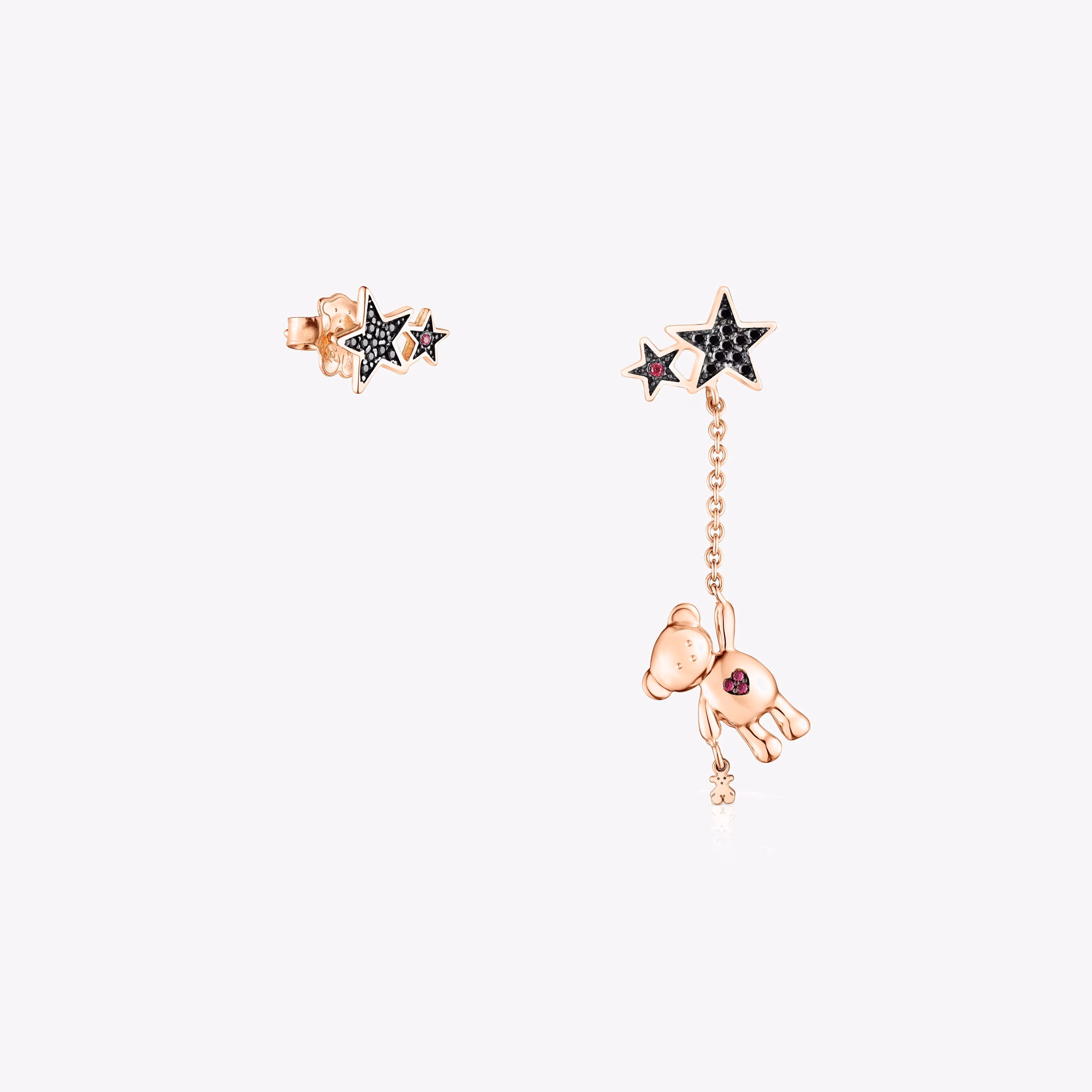 Pendientes corto/largo con baño de oro rosa 18 kt sobre plata, espinela y rubí Teddy Bear Stars