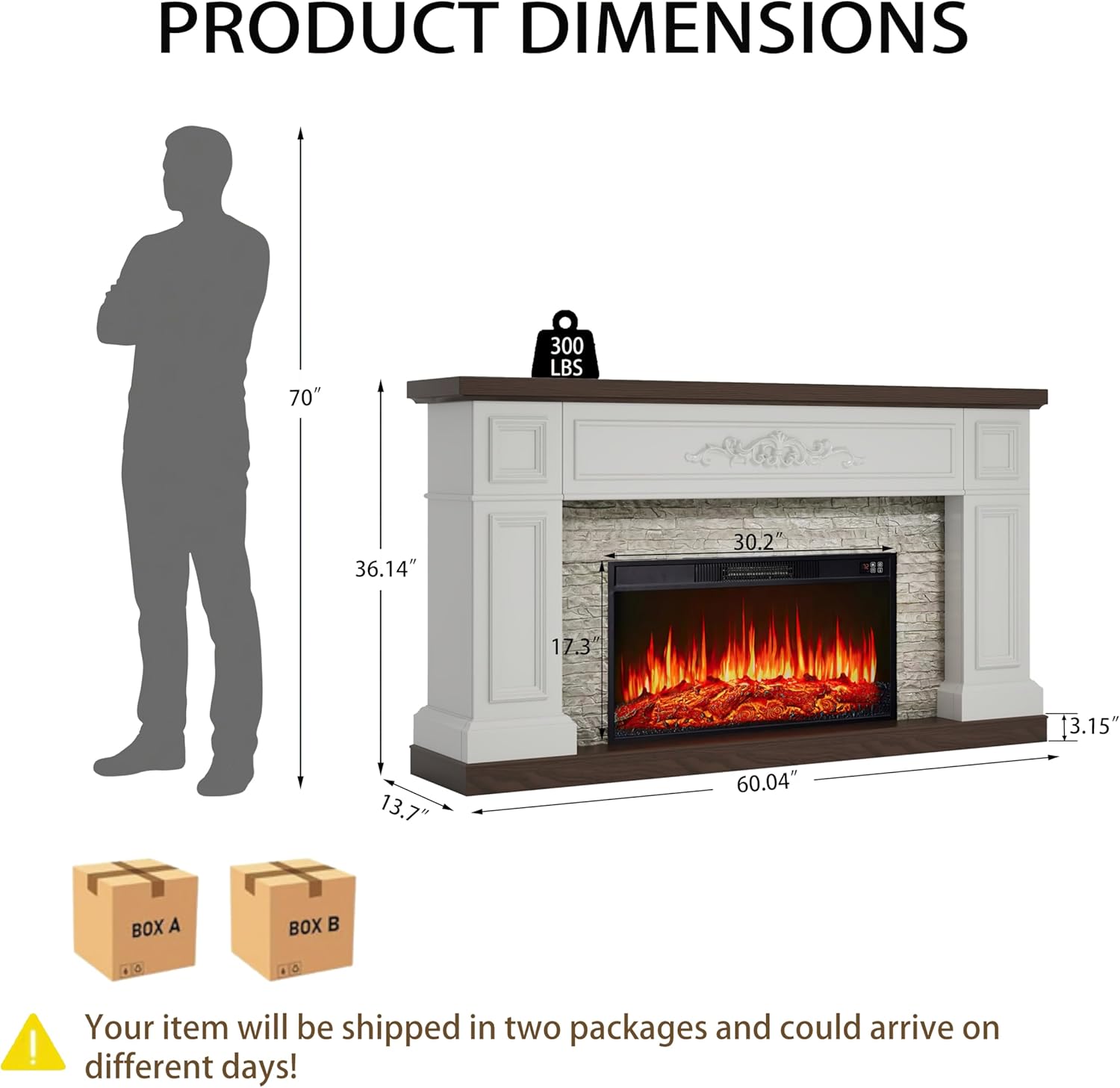 BLANKSPACE 60 Landscape Electric Fireplace with Mantel, Solid Wood Modern Entertainment Center TV Stand, Replaceable 30 Fireplace Insert Heater, for Living Room, Bedroom