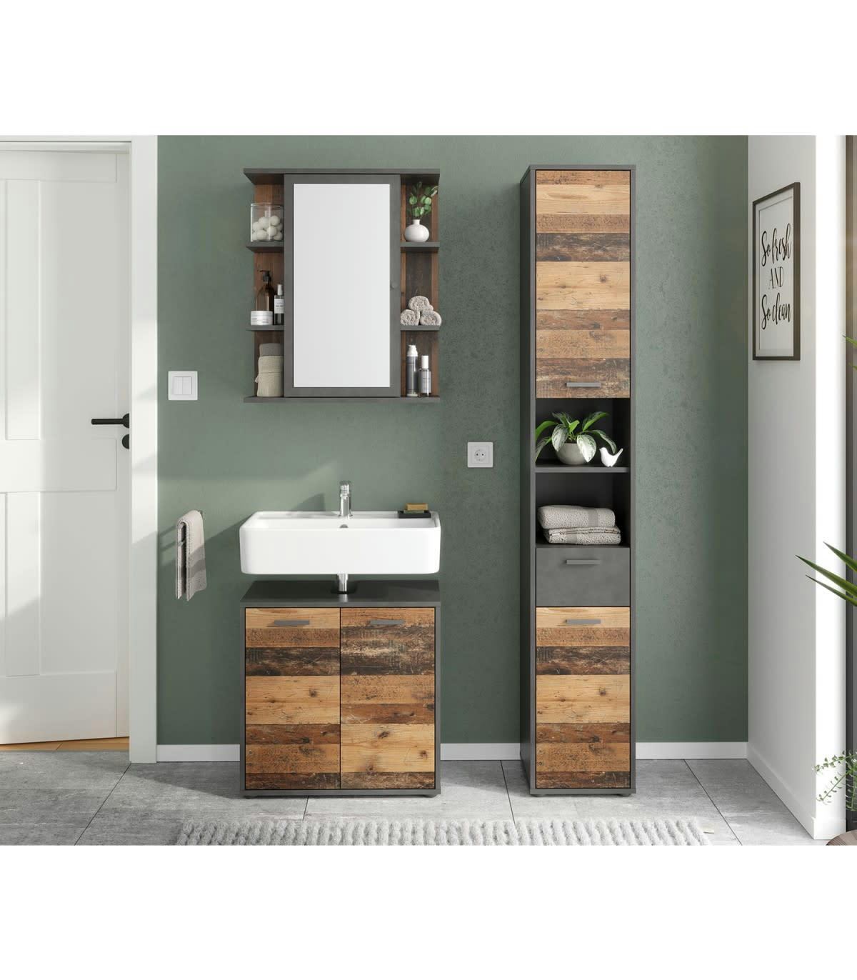 MADOC - Colonne de Salle de Bain 2 Portes et 1 Tiroir Effet Chêne L32 x H190cm