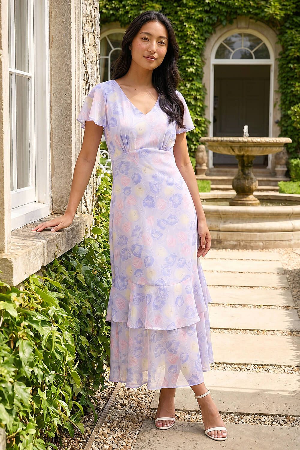 Roman Petite Floral V-Neck Frill Midi Dress