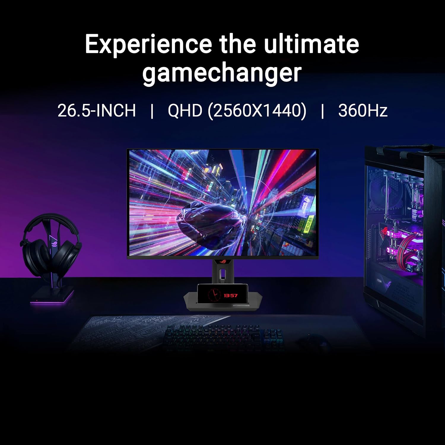 ASUS ROG Strix 26.5” 1440P QD-OLED Gaming Monitor (XG27ACDNG) -QHD (2560x1440)  360Hz  0.03ms  Custom Heatsink  OLED Care+  G-SYNC Compatible  99% DCI-P3  DisplayWidget  AI Gaming  3yr Warranty
