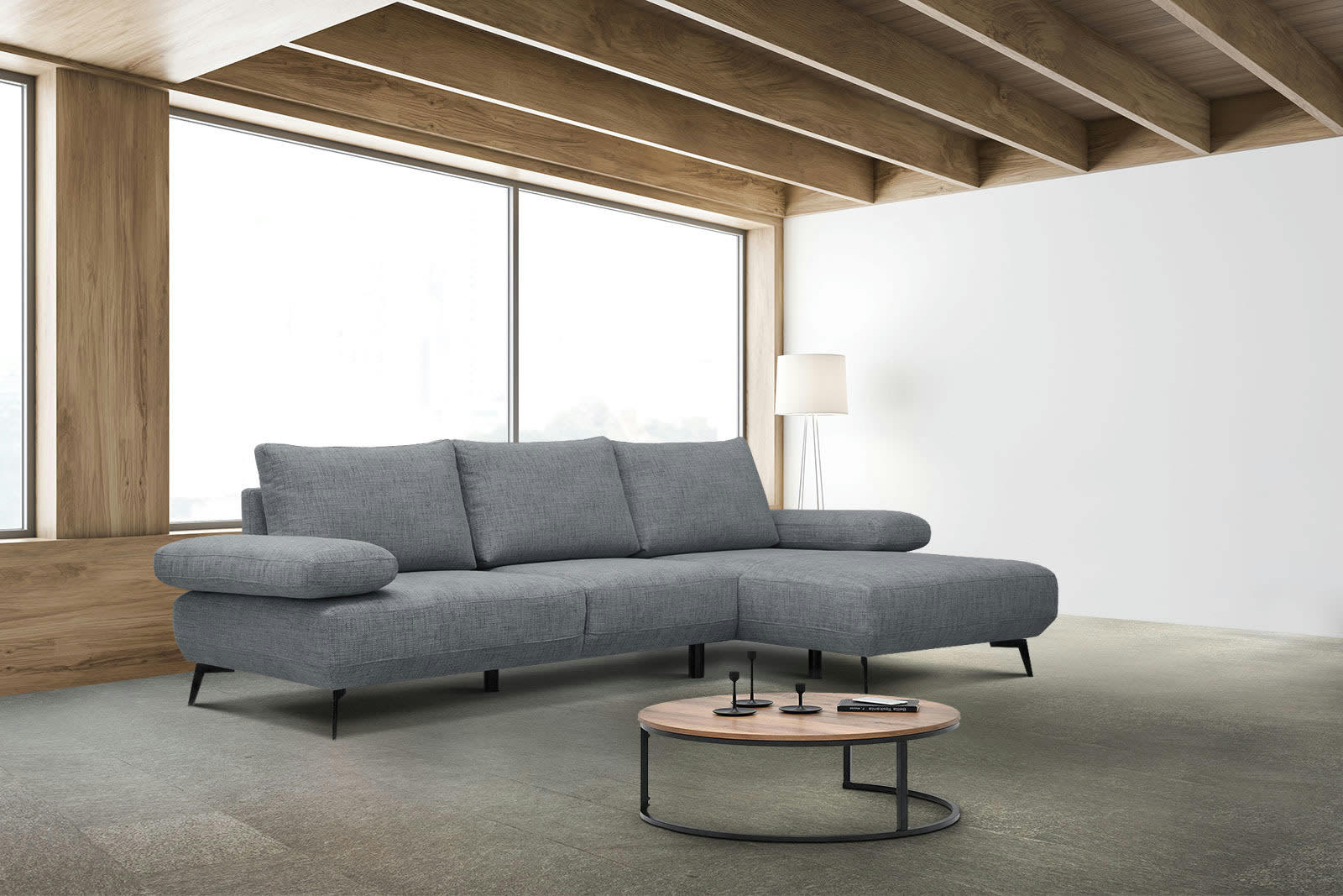 MELLO - Canapé d'angle droit 4 places tissu gris bleu