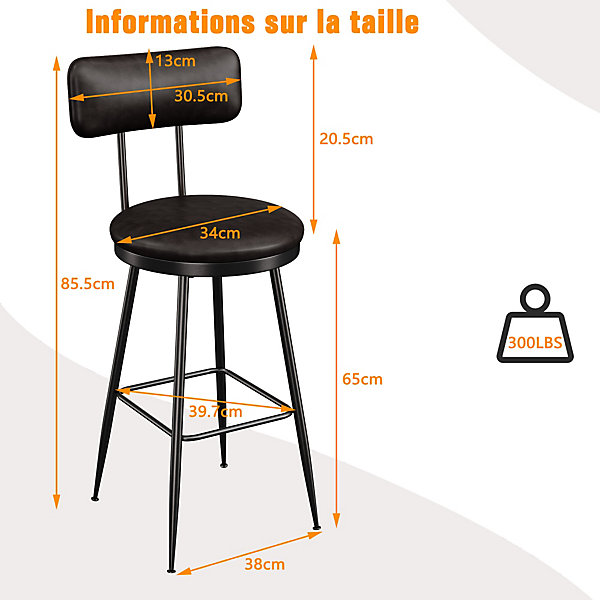 Lot de 2 tabourets de bar cuir PU noir, chaise moderne avec siège confortable et base métal, pour cuisine salle à manger comptoir