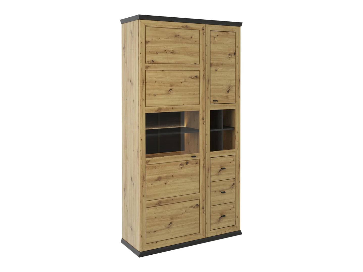 Witryna Benton 110 cm z 2 drzwiami i 3 szufladami oświetleniem LEDdąb artisan