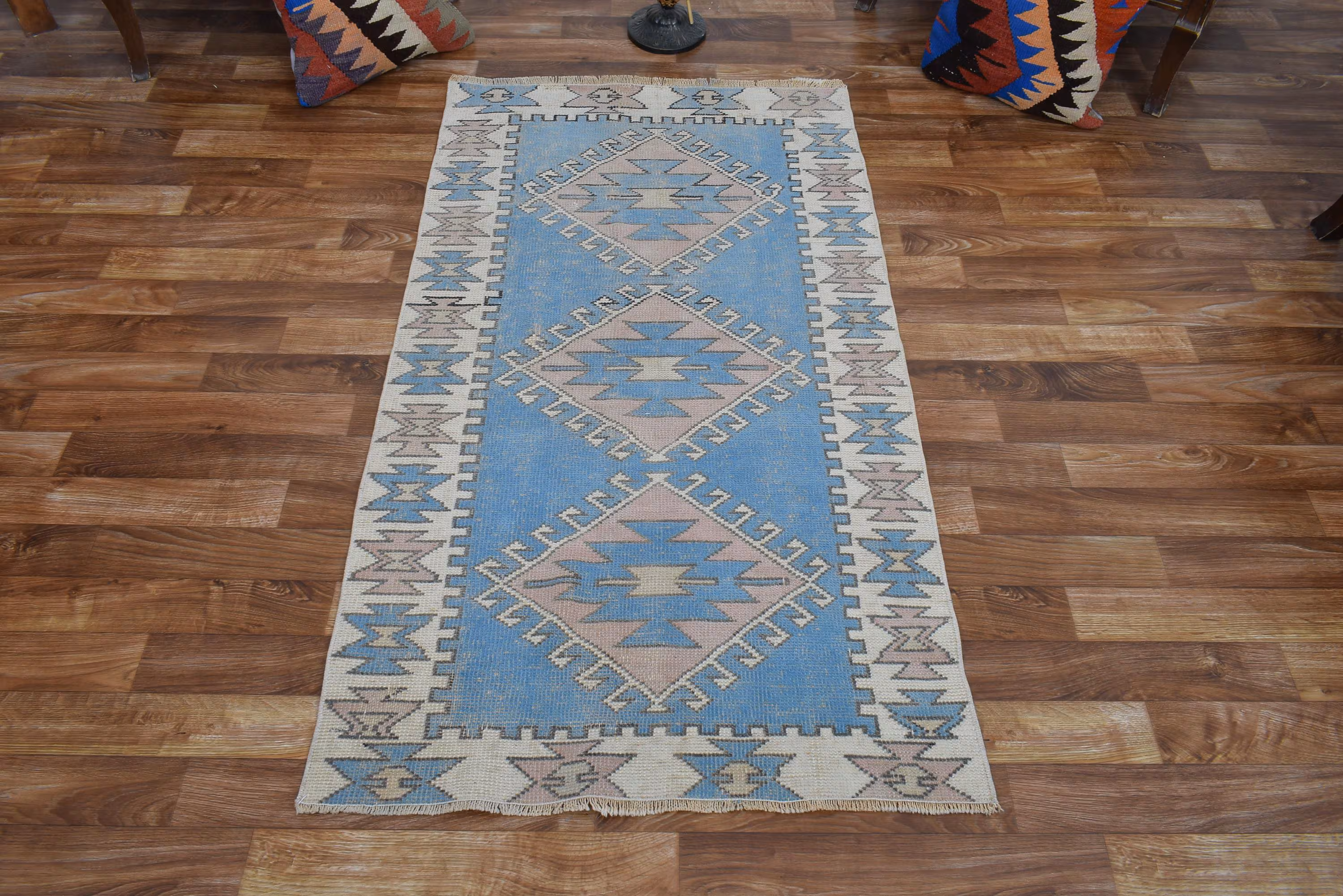 3x5 Soft Sky Blue Oushak Distressed Rug, Blush Pink Geometric Wool Rug, Vintage Turkish Pastel Boho Area Rug, Unique Small Entryway Decor