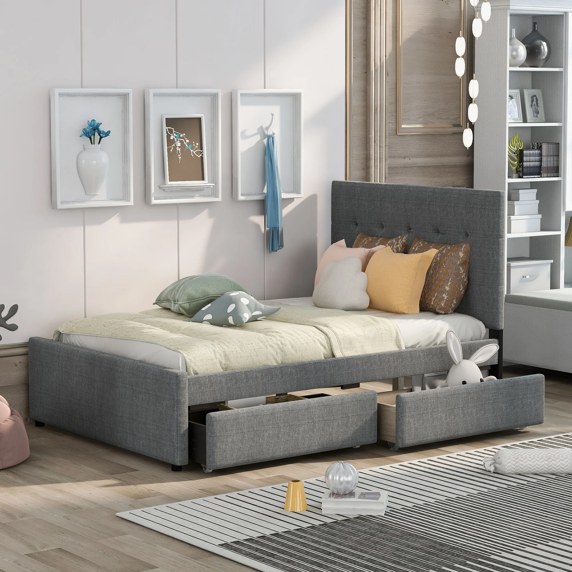 Full Upholstered Platform Bed with Built-In Storage Drawers and Solid Wood Frame