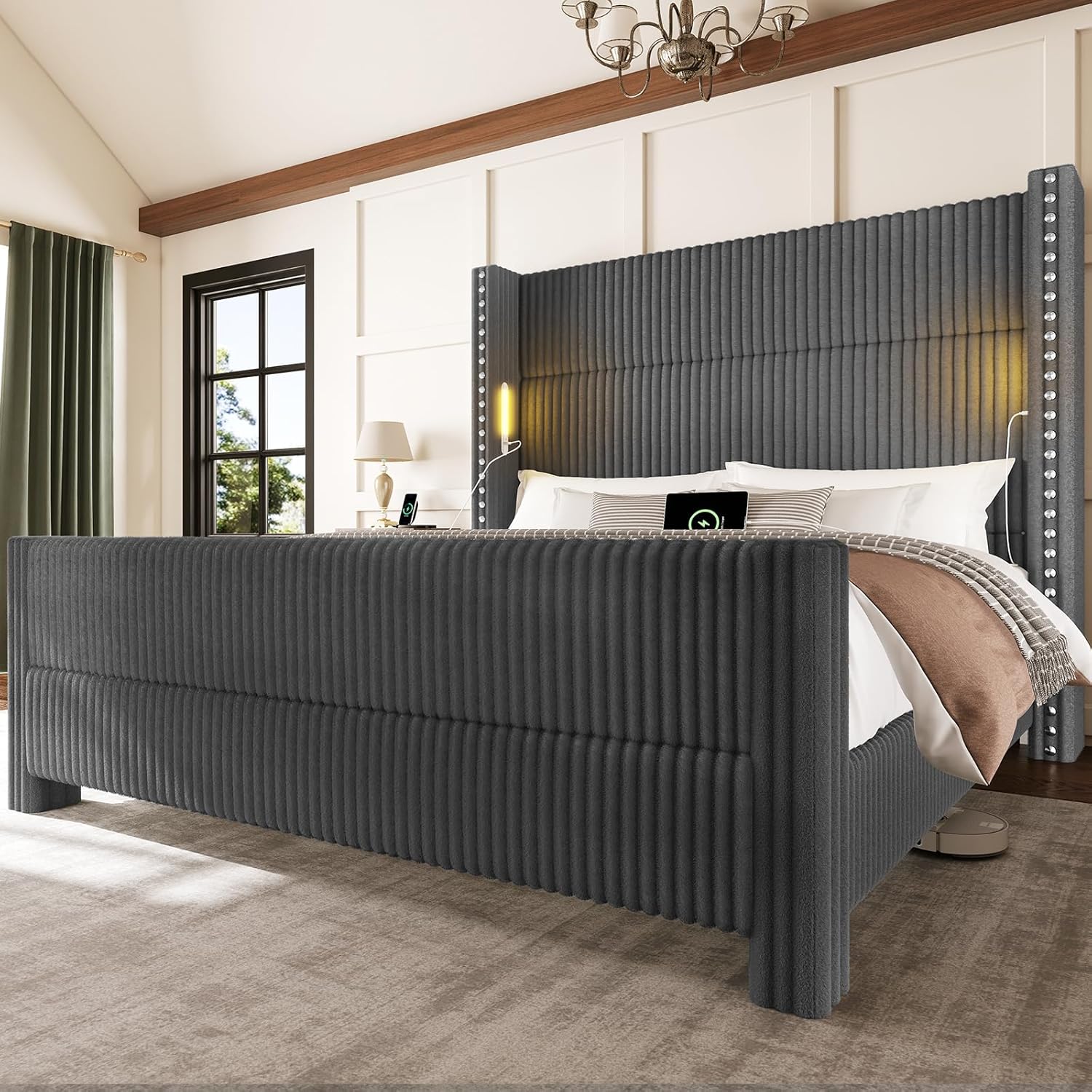 Queen Bed Frame with 56.7 Tall Headboard & Reading Lights, Corduroy Upholstered Wingback Platform Bed with Charging Station, Modern Retro Design, Noise Free, No Box Spring Required, Grey