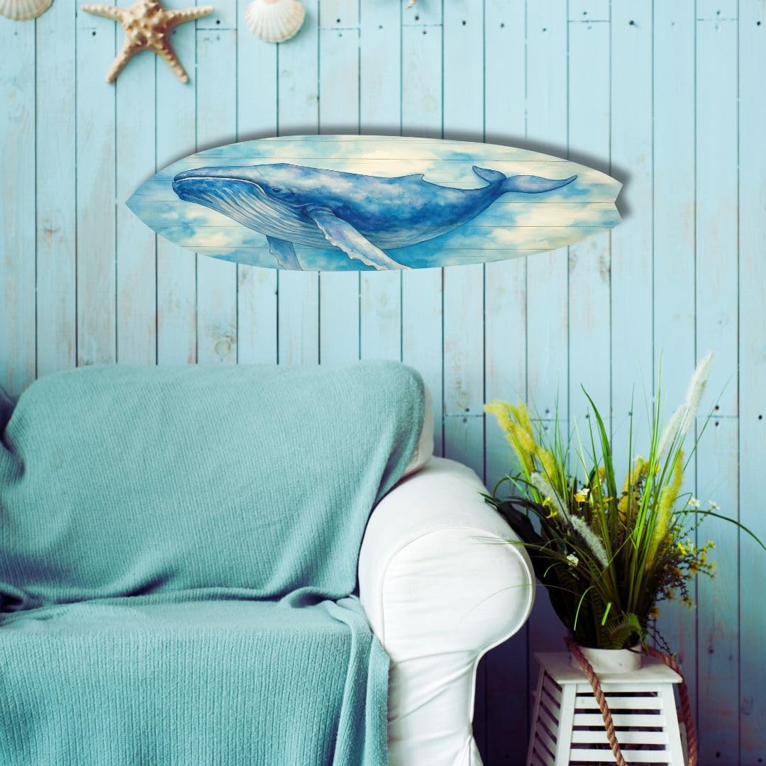 JennyGems Humpback Whale Surfboard Wall Art – Coastal Nautical Decor, Beach House Sign, Watercolor Whale Art, Indoor Outdoor PVC Surfboard Decoration (3 Foot)