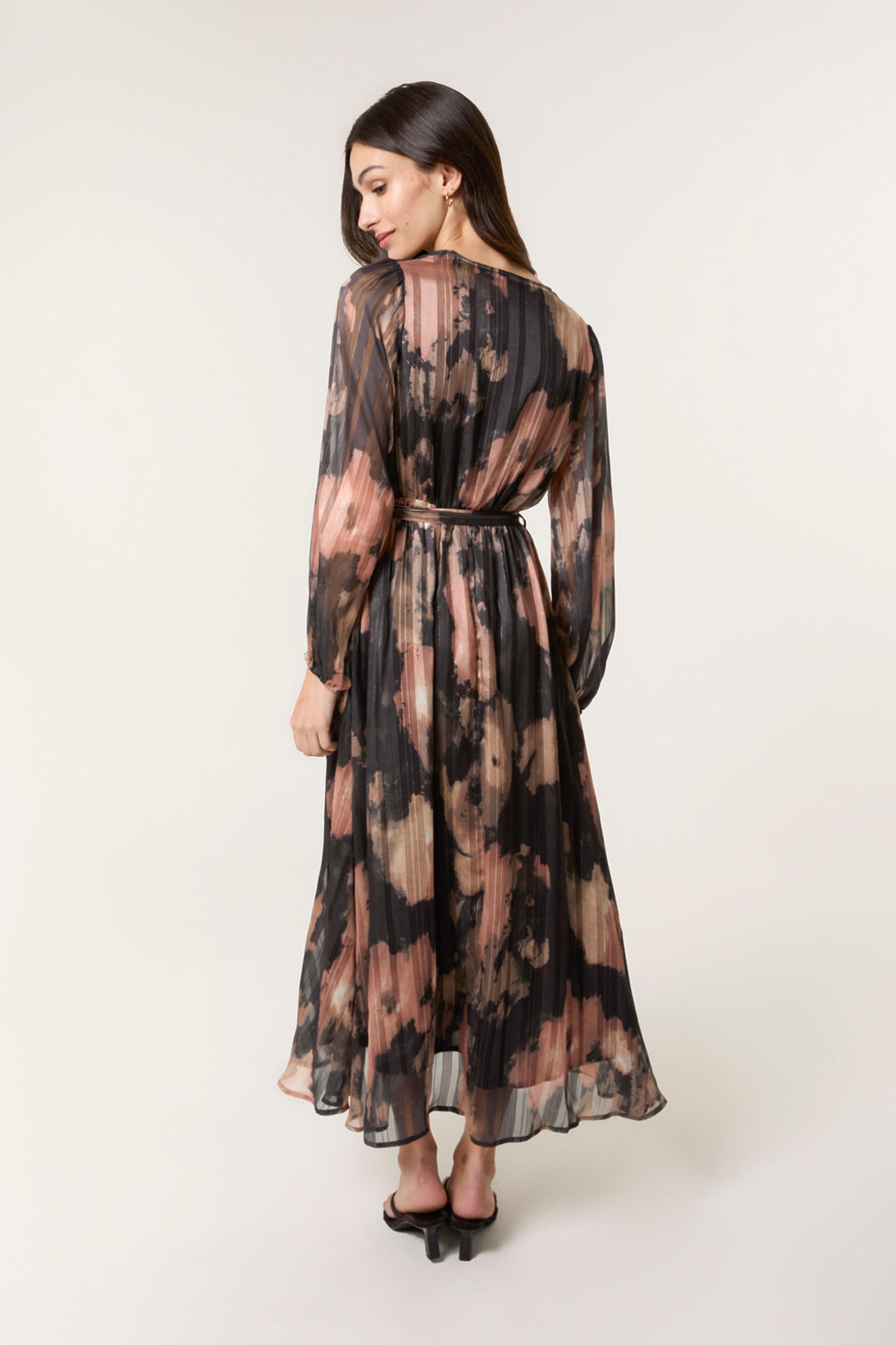 Blue Vanilla Black Watercolour Pleated Wrap Belted Dress