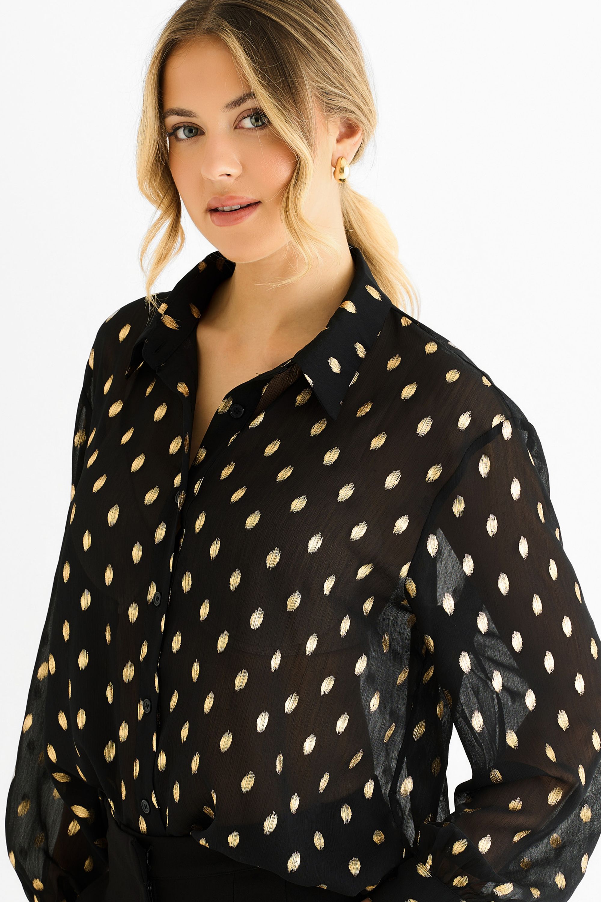 Gini London Black Chiffon Foil Jacquard Sheer Shirt