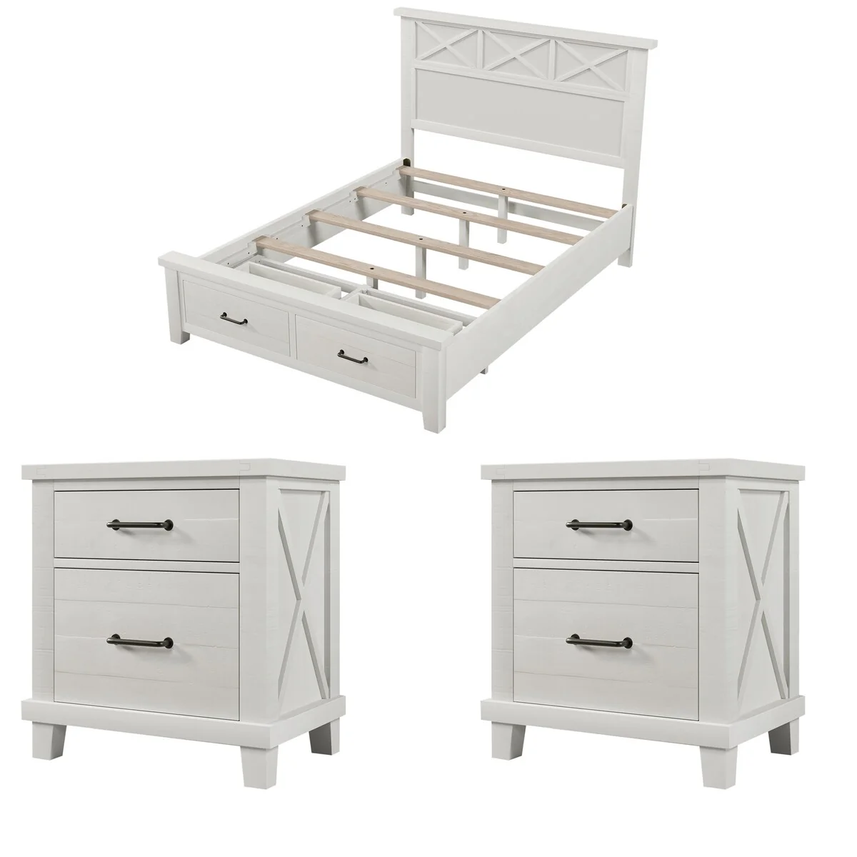 3 Pieces Rustic Farmhouse Style Bedroom Sets Whitewash Queen Bed with 2 Drawers, and 2 nightstands,White