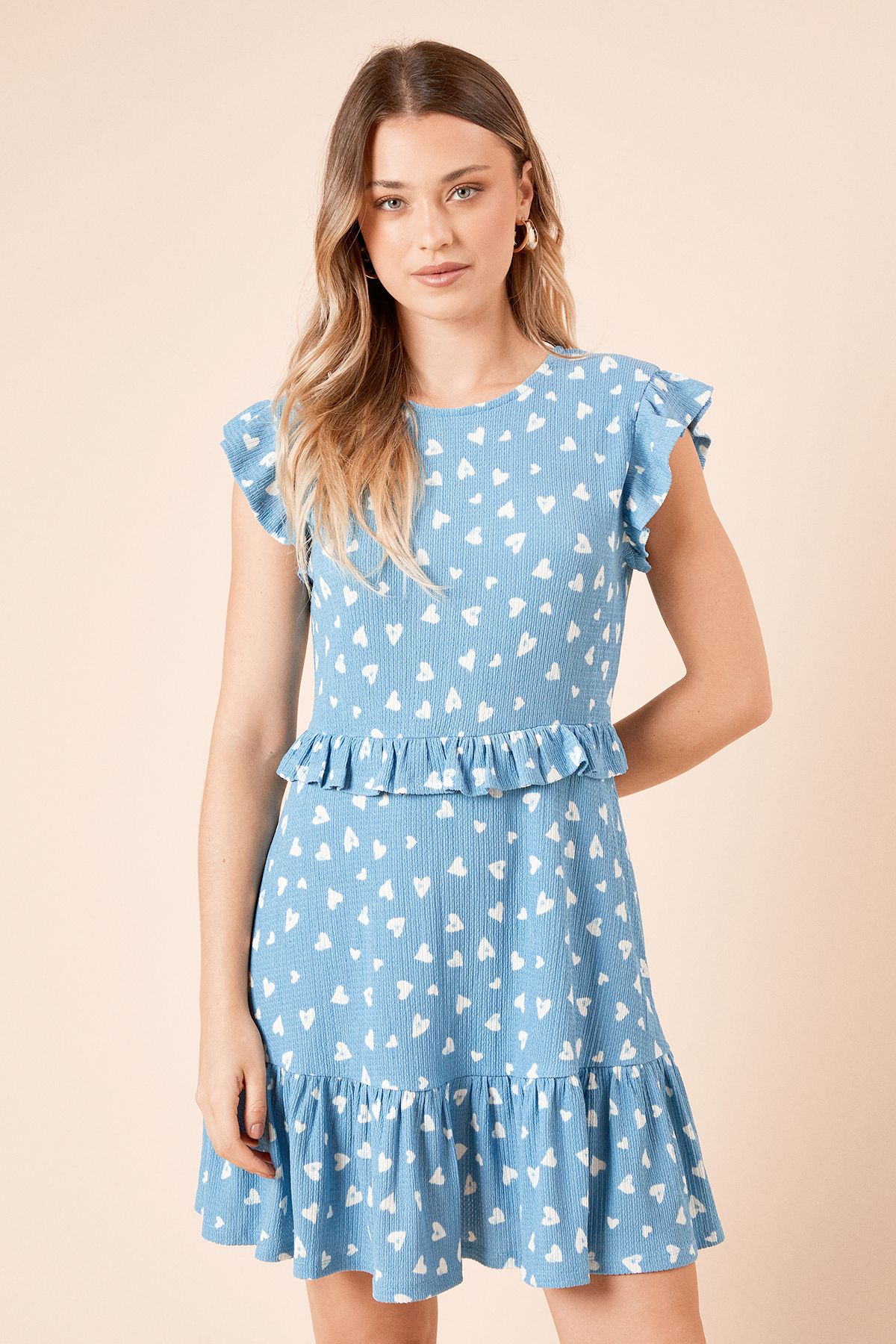 Dorothy Perkins Blue Heart Frill Detail Jersey Mini Dress