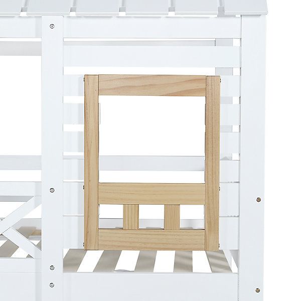 Lit superposé, avec protection, barrière, fenêtre, tiroirs roulettes, escalier 4 rangements, pin MDF, blanc naturel, 90x200cm